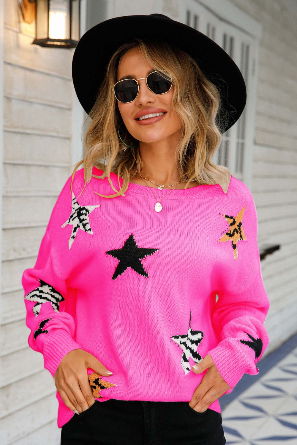 Star Pattern Round Neck Dropped Shoulder Sweater