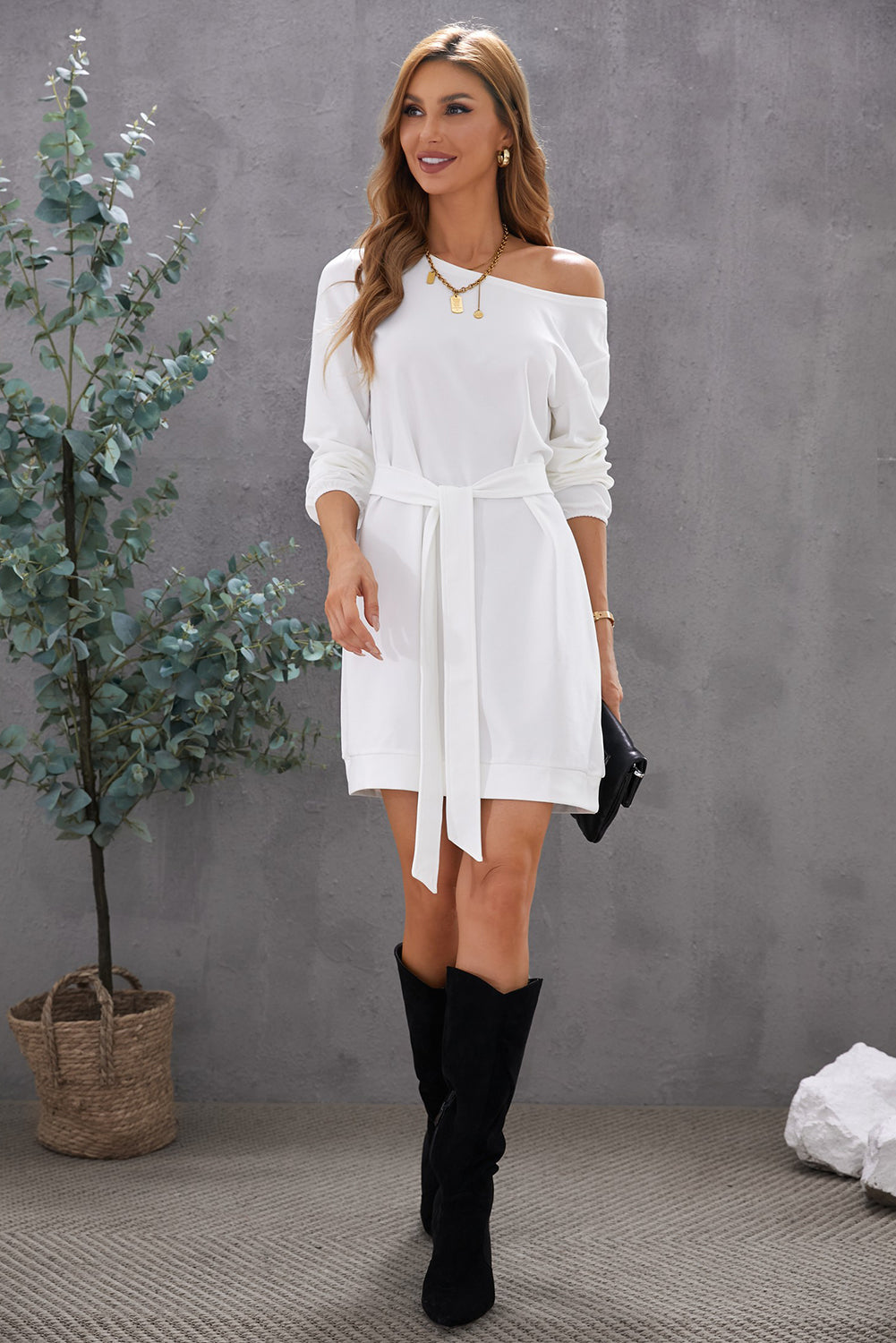 Boat Neck Belted Long Sleeve Dress - SHIRLYN.CO