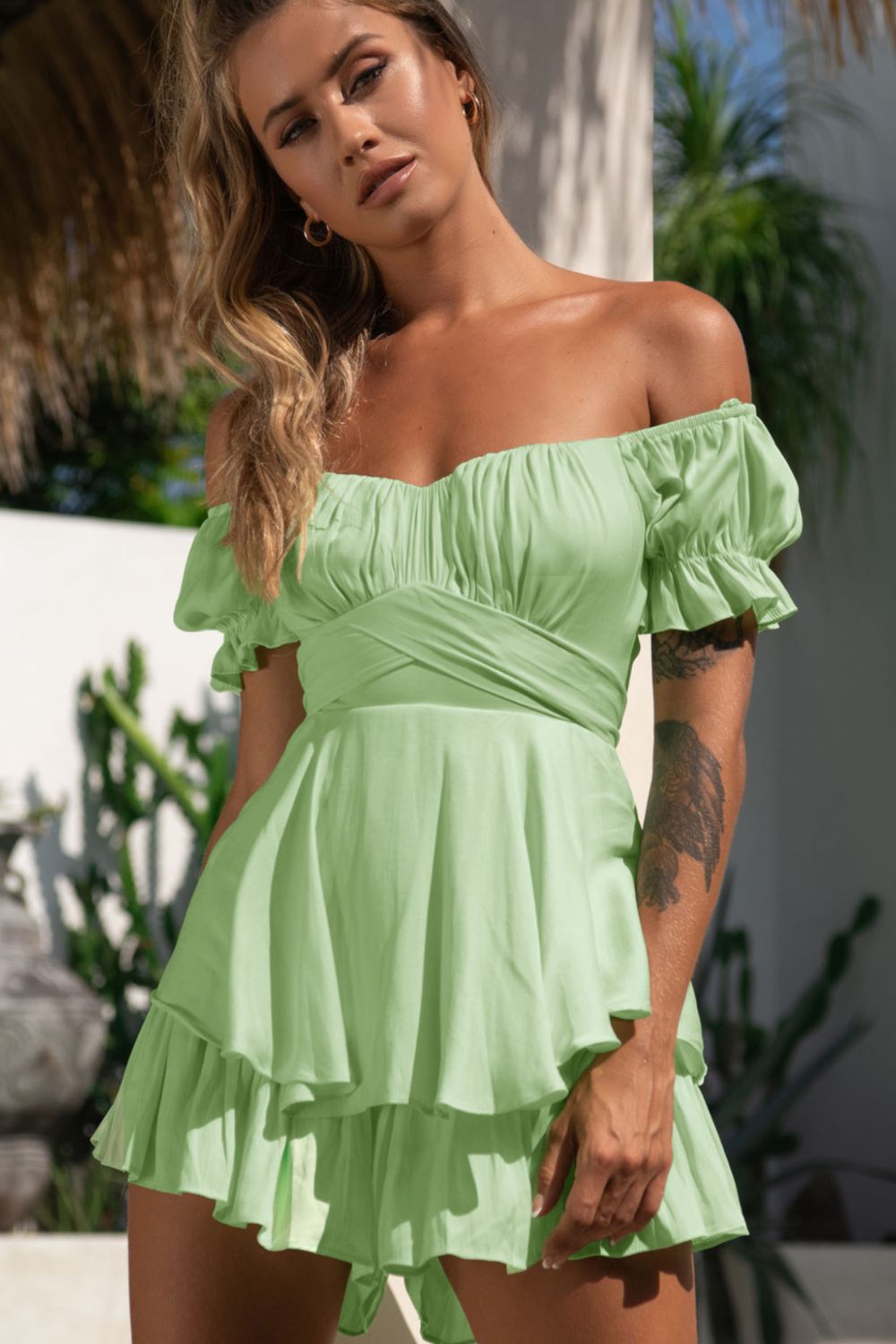 Off Shoulder Flounce Sleeve Mini Dress