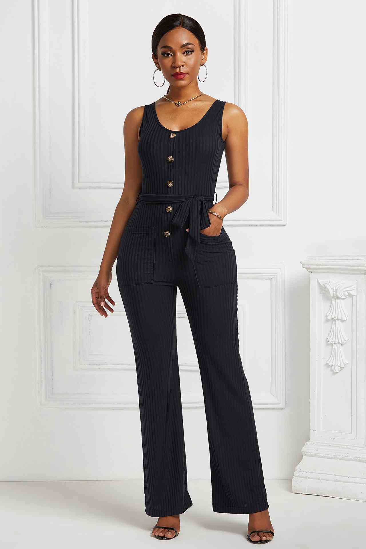 Button Detail Tie Waist Jumpsuit with Pockets - SHIRLYN.CO