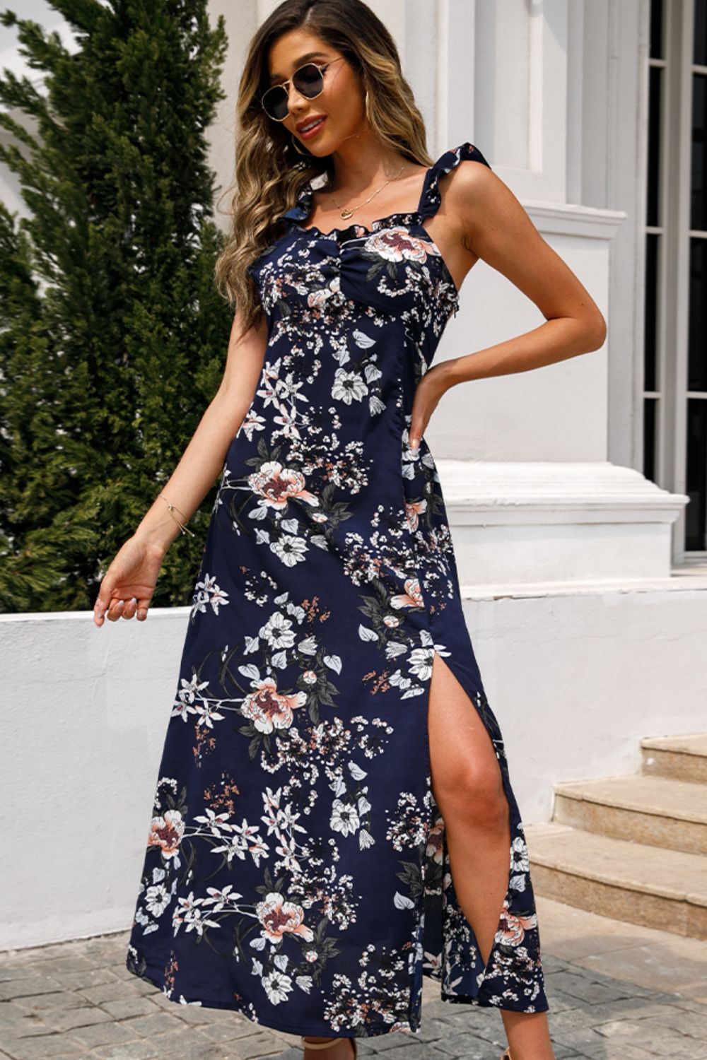 Floral Print Sleeveless Square Neck Slit Midi Dress - SHIRLYN.CO