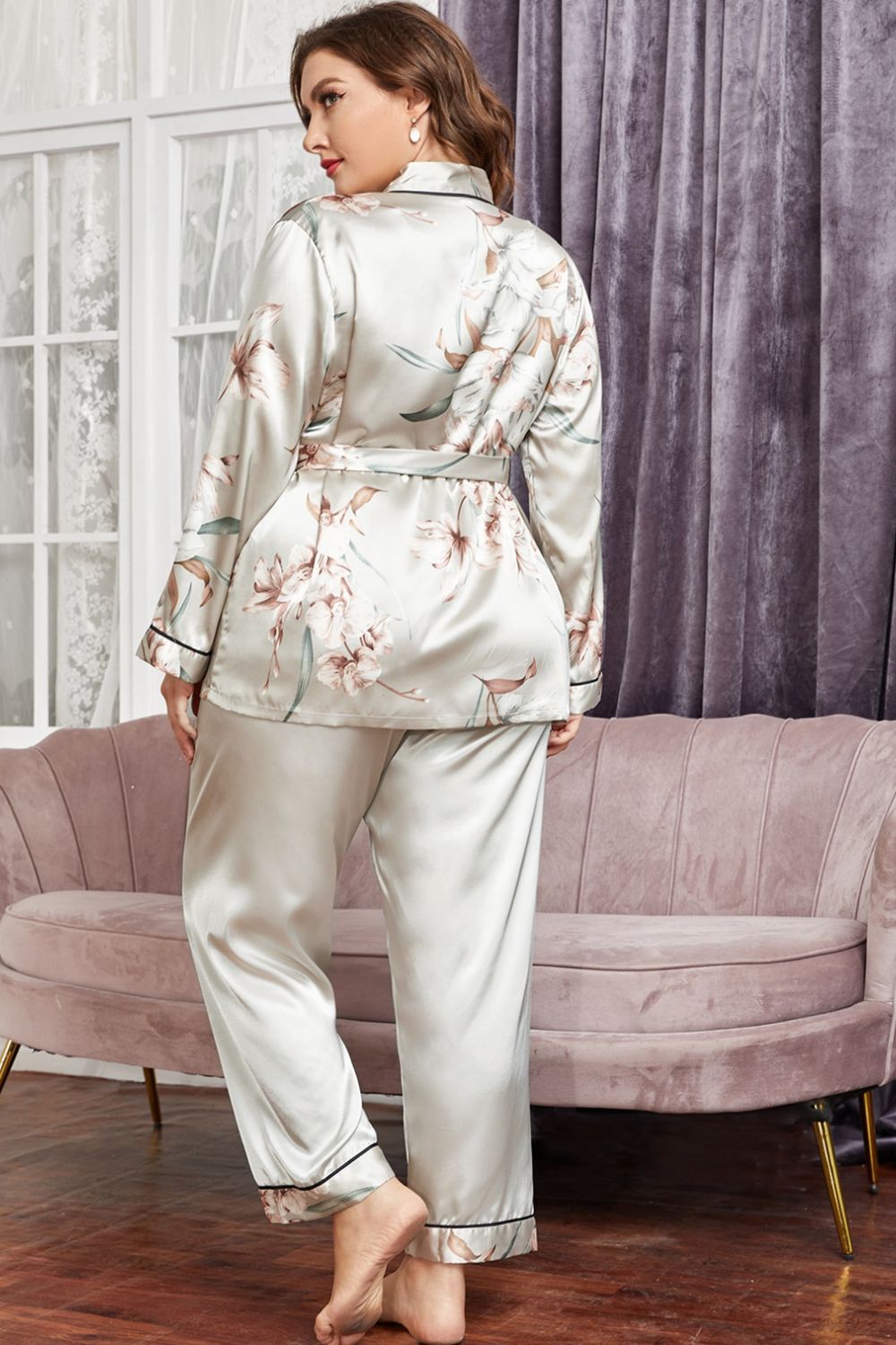 Plus Size Floral Belted Robe and Pants Pajama Set - SHIRLYN.CO