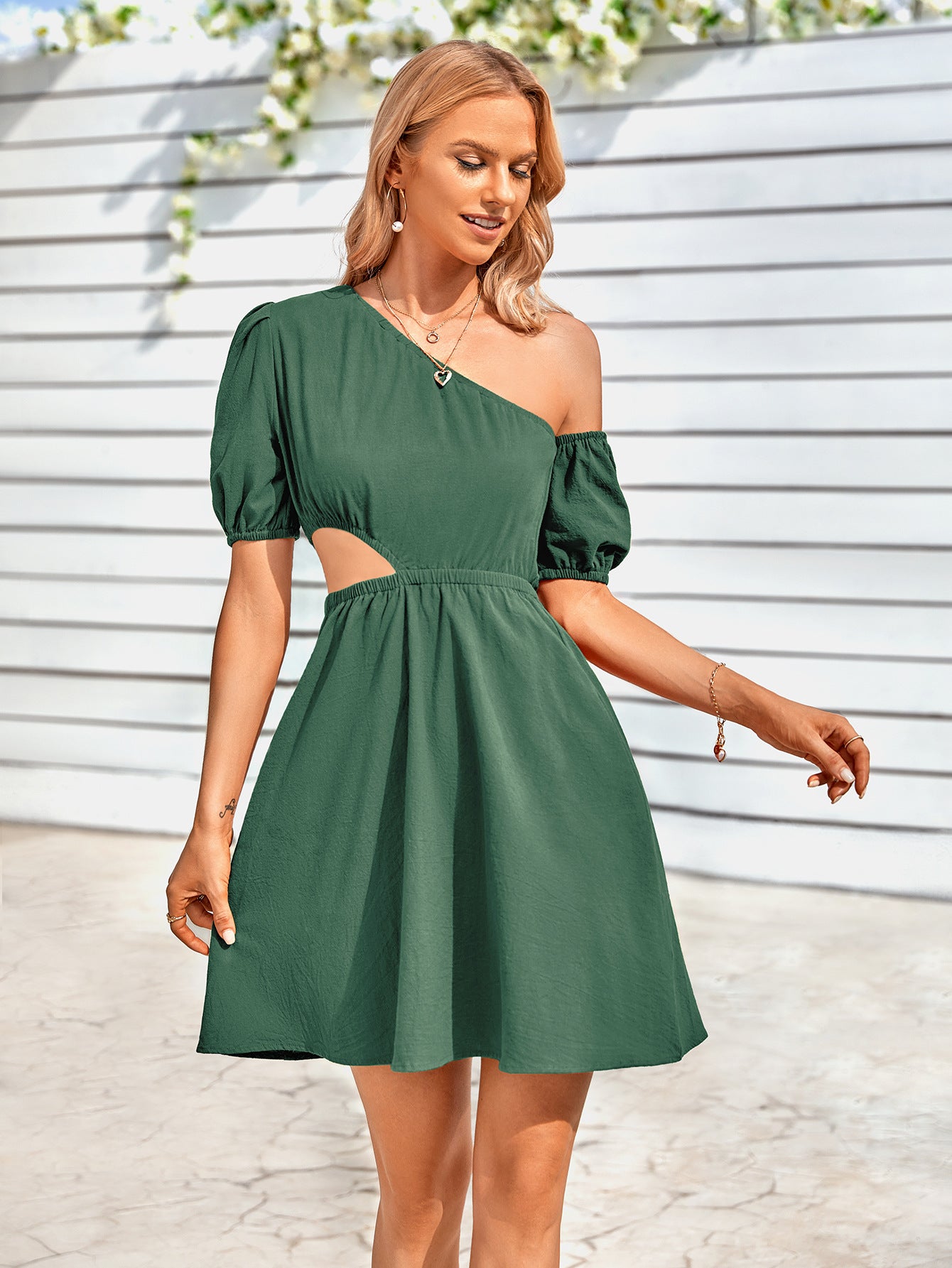 Cutout Asymmetrical Neck Puff Sleeve Dress - SHIRLYN.CO