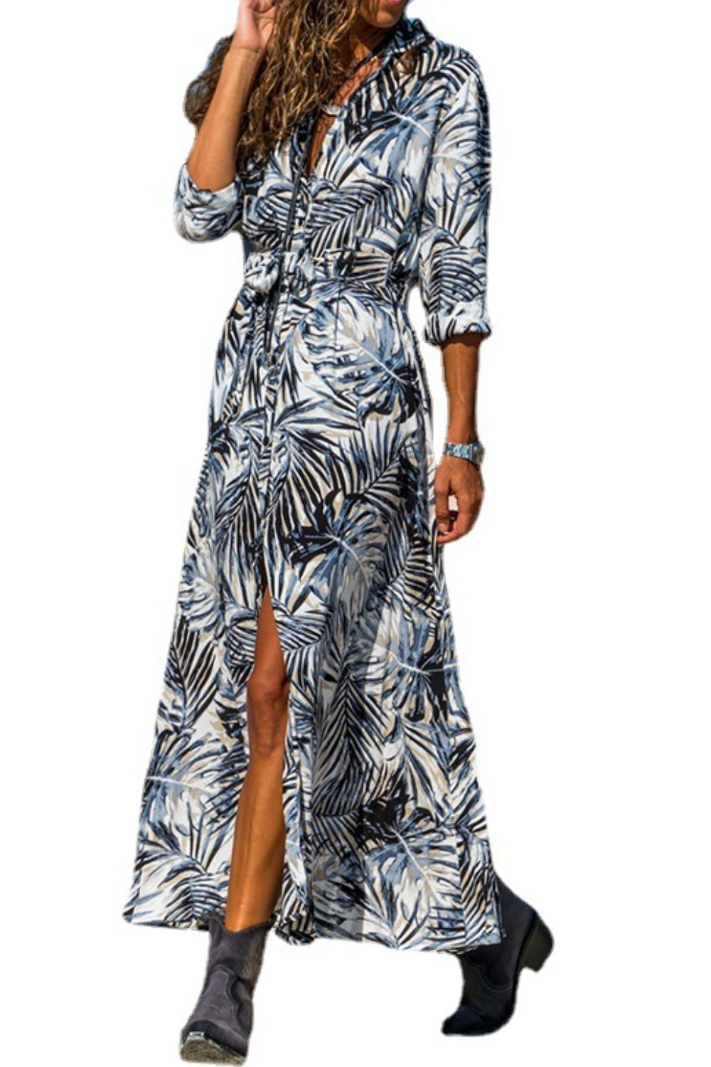 Botanical Print Maxi Shirt Dress - SHIRLYN.CO