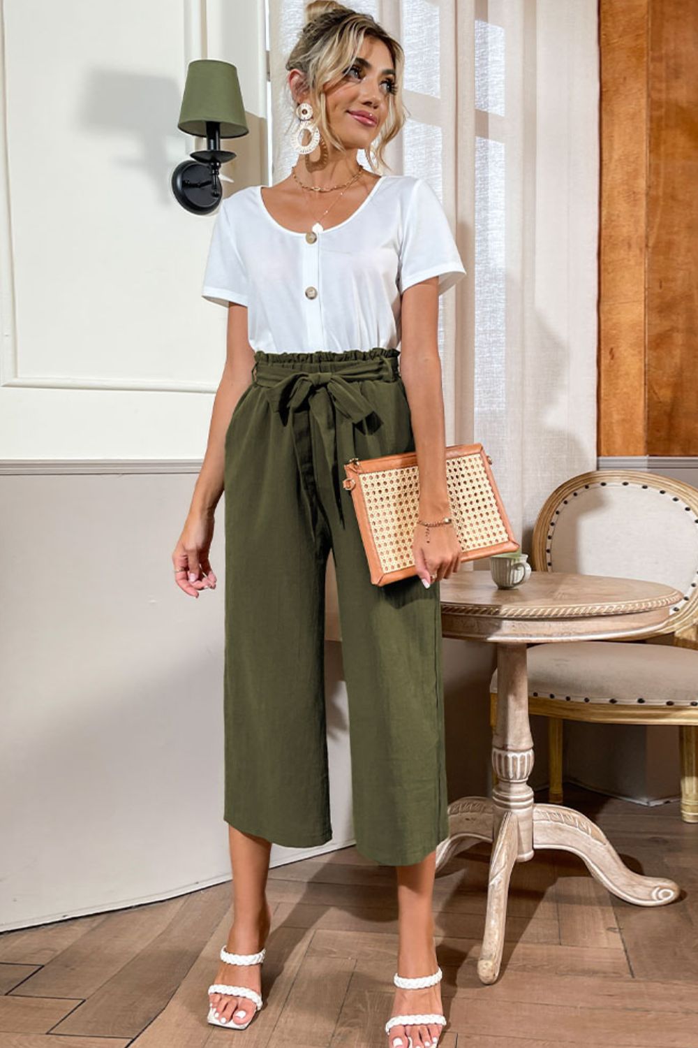 Round Neck Short Sleeve Top and Belted Pants Set - SHIRLYN.CO