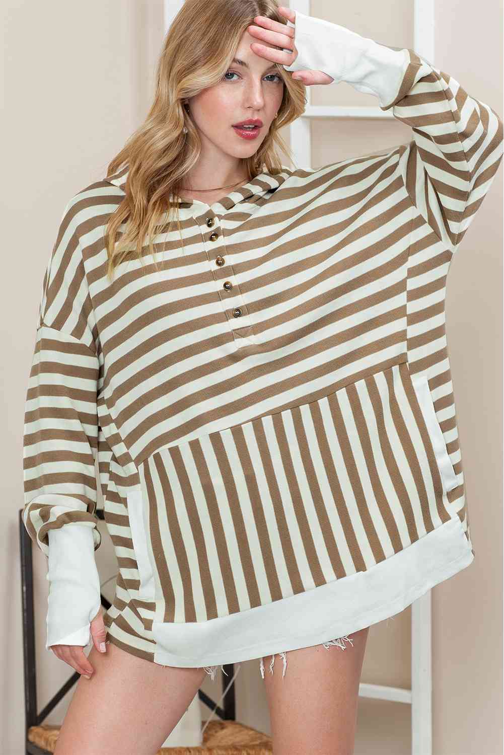 Striped Dropped Shoulder Buttoned Hoodie