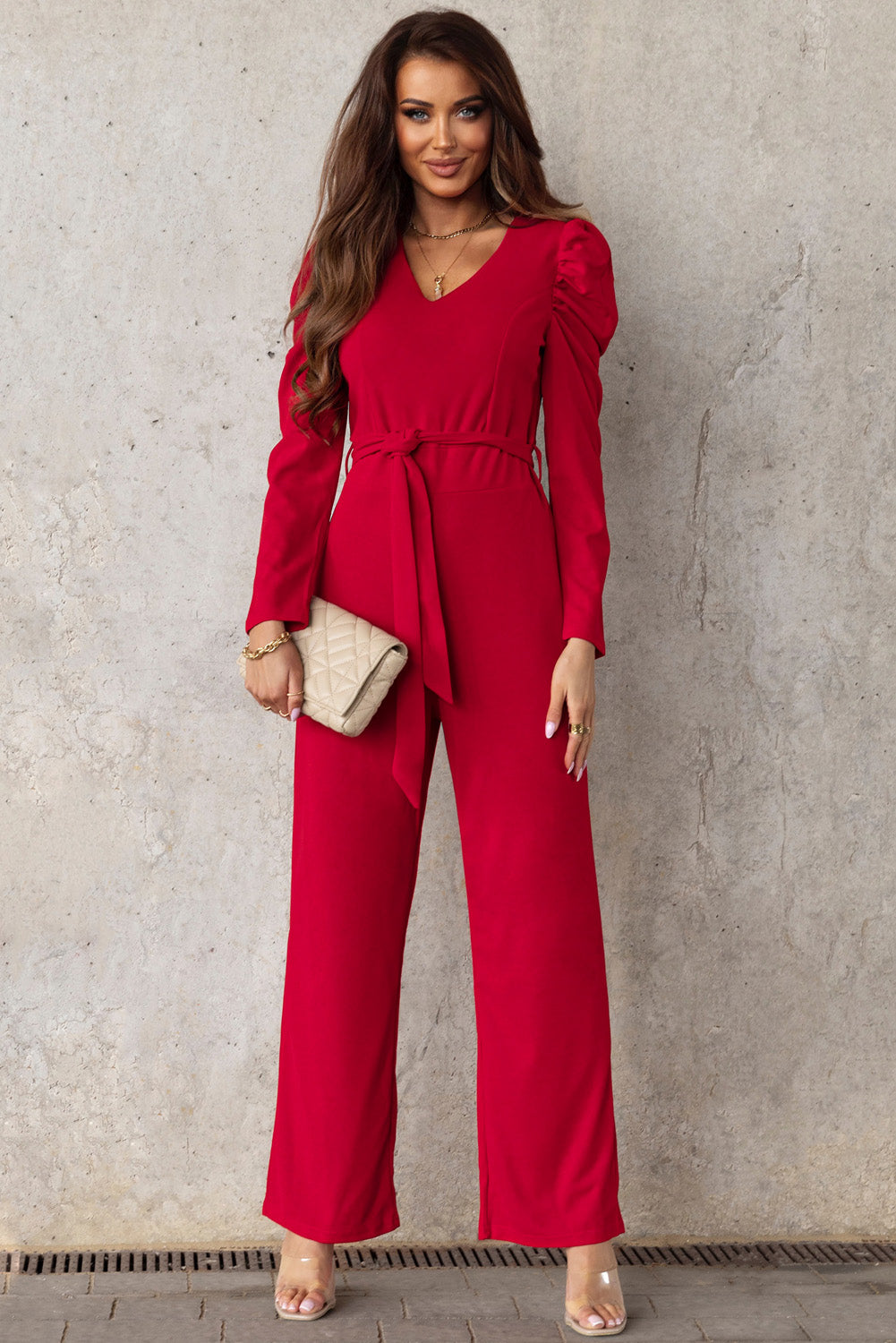 Belted Long Puff Sleeve V-Neck Jumpsuit - SHIRLYN.CO