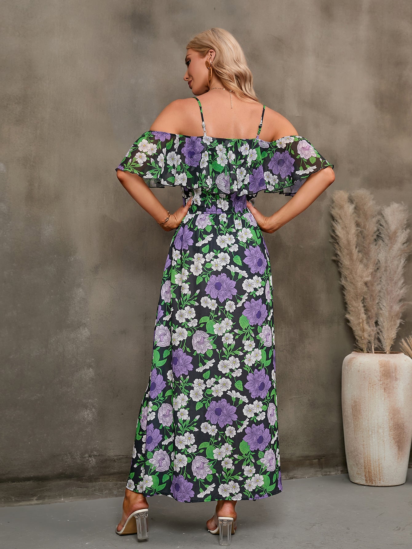 Floral Spaghetti Strap Cold-Shoulder Slit Maxi Dress - SHIRLYN.CO