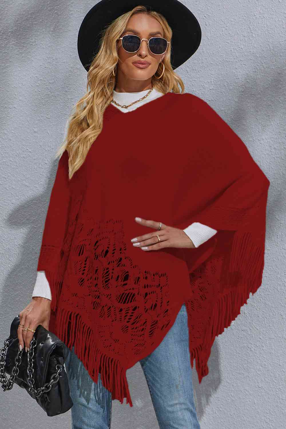 Round Neck Fringe Detail Poncho