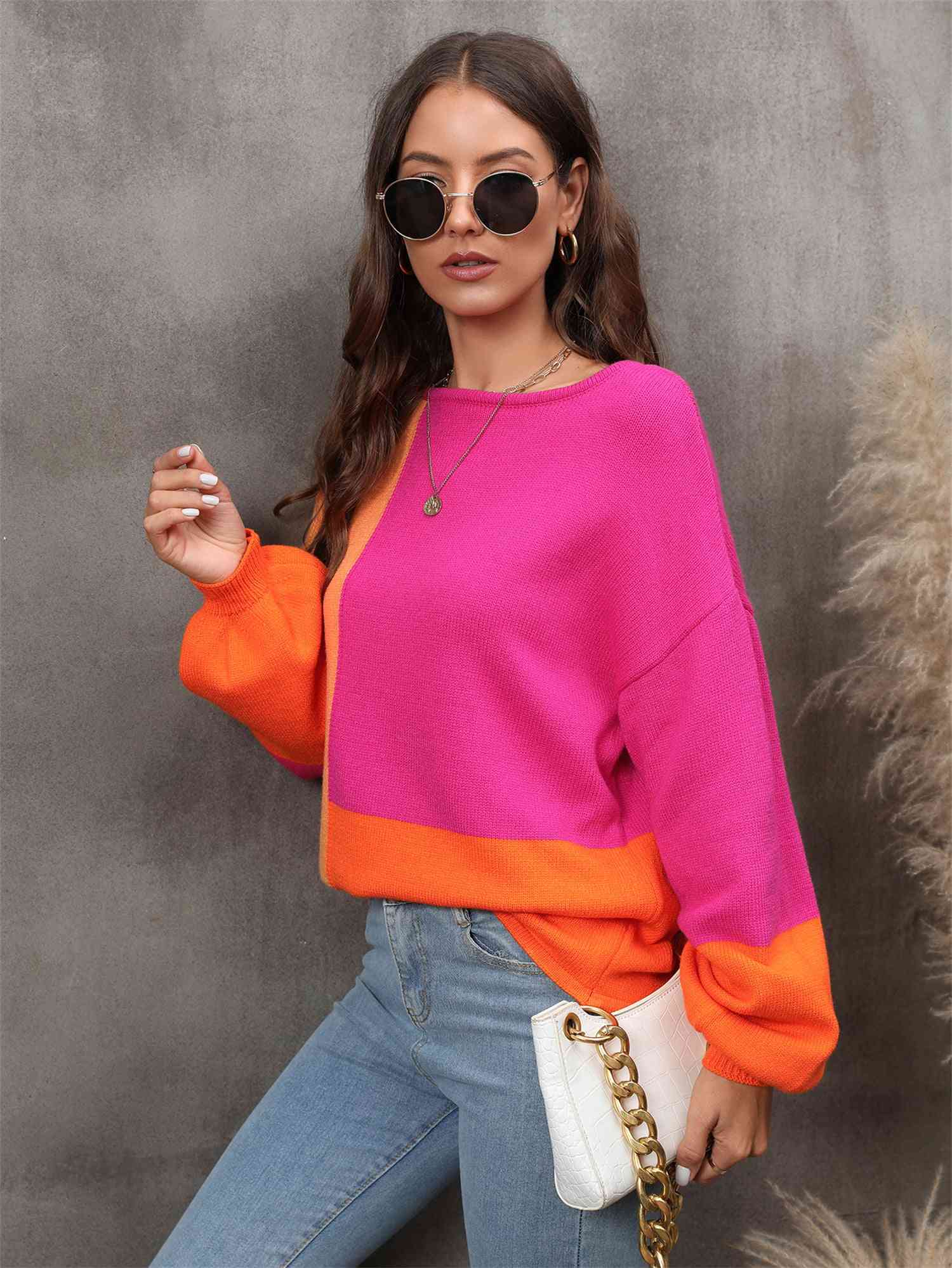 Color Block Round Neck Dropped Shoulder Sweater