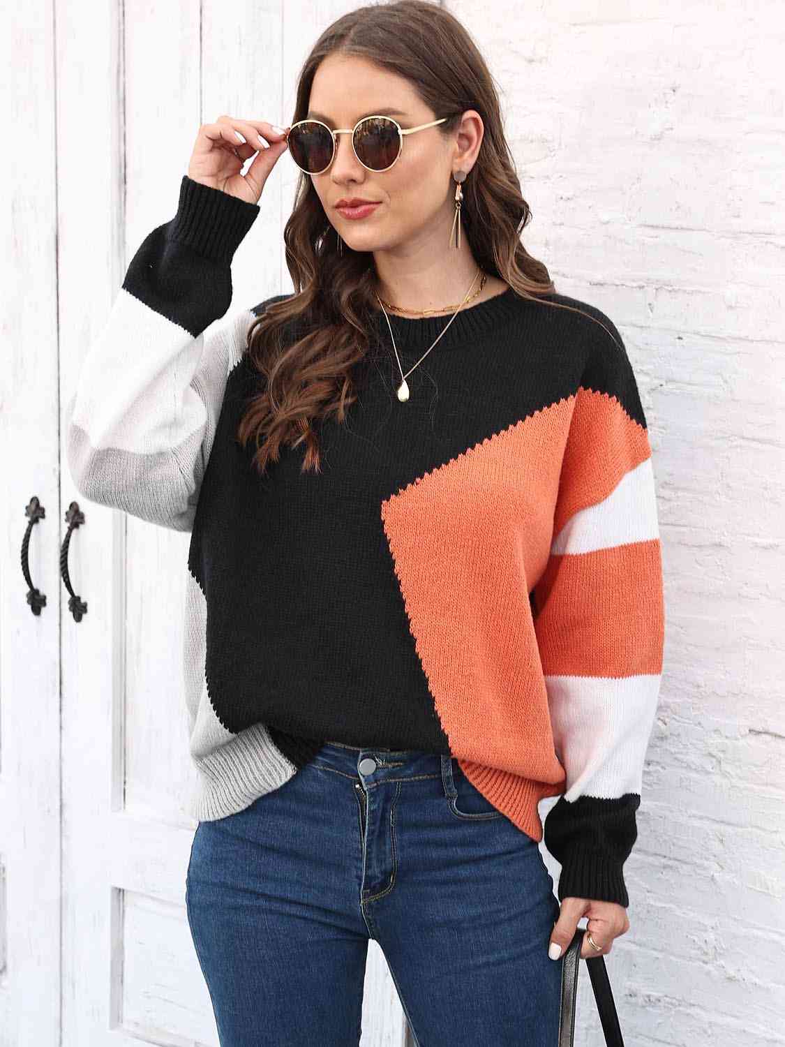 Color Block Round Neck Sweater