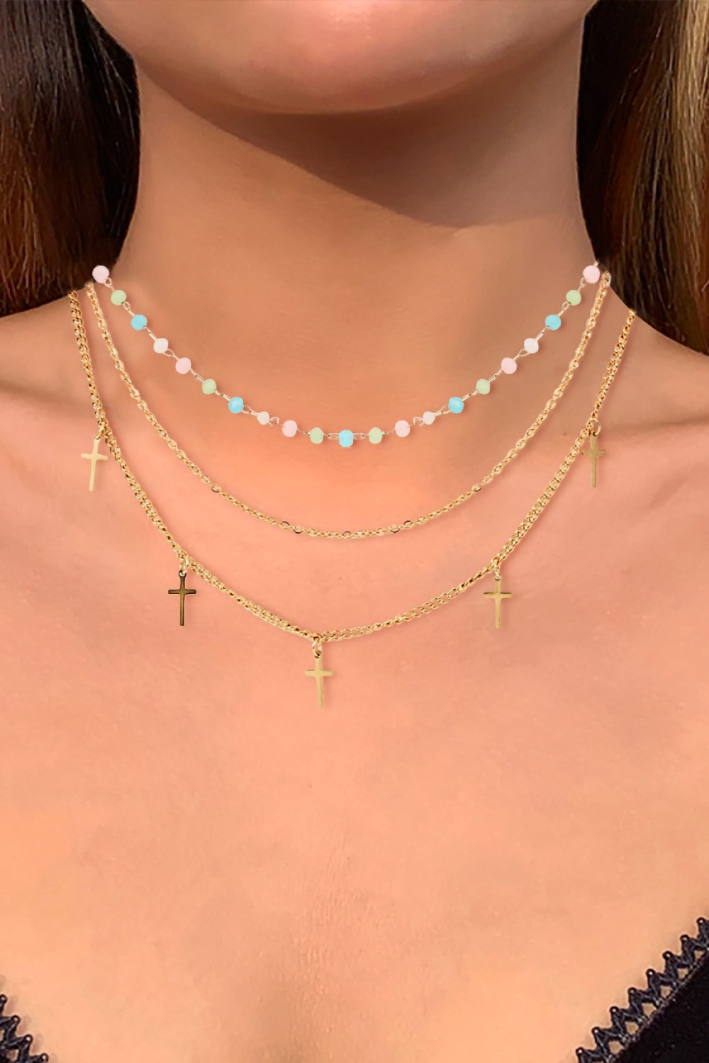 18K Gold Plated Cross Pendant Triple-Layered Necklace - SHIRLYN.CO