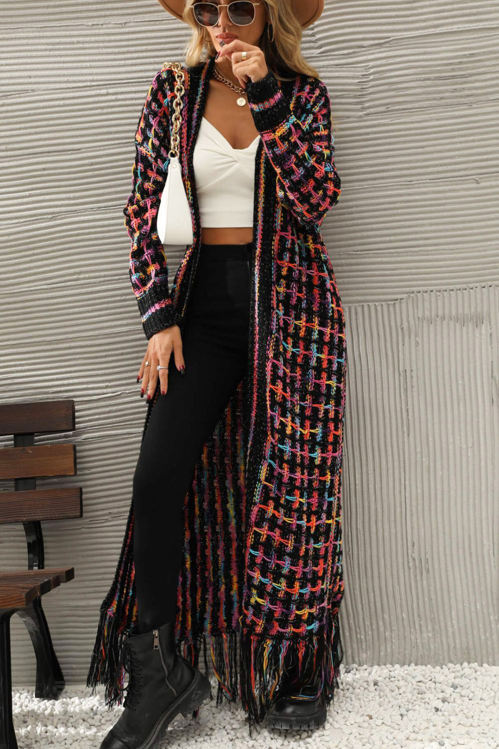 Multicolored Open Front Fringe Hem Cardigan - SHIRLYN.CO