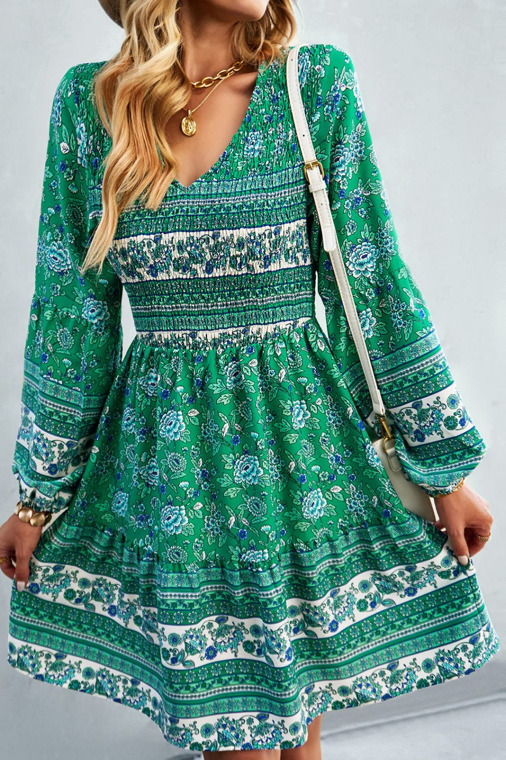 Bohemian V-Neck Balloon Sleeve Dress - SHIRLYN.CO