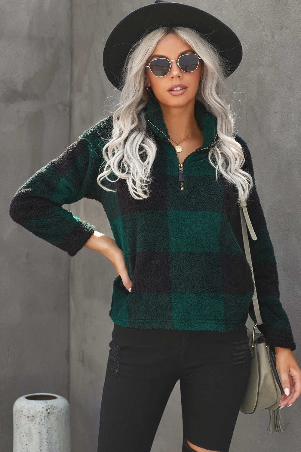 Plaid Zip Collar Plush Pullover Sweatshirt - SHIRLYN.CO