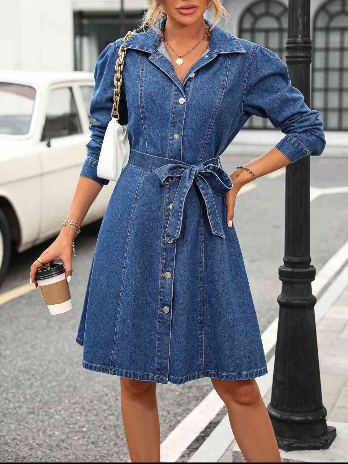 Button Down Long Sleeve Denim Dress