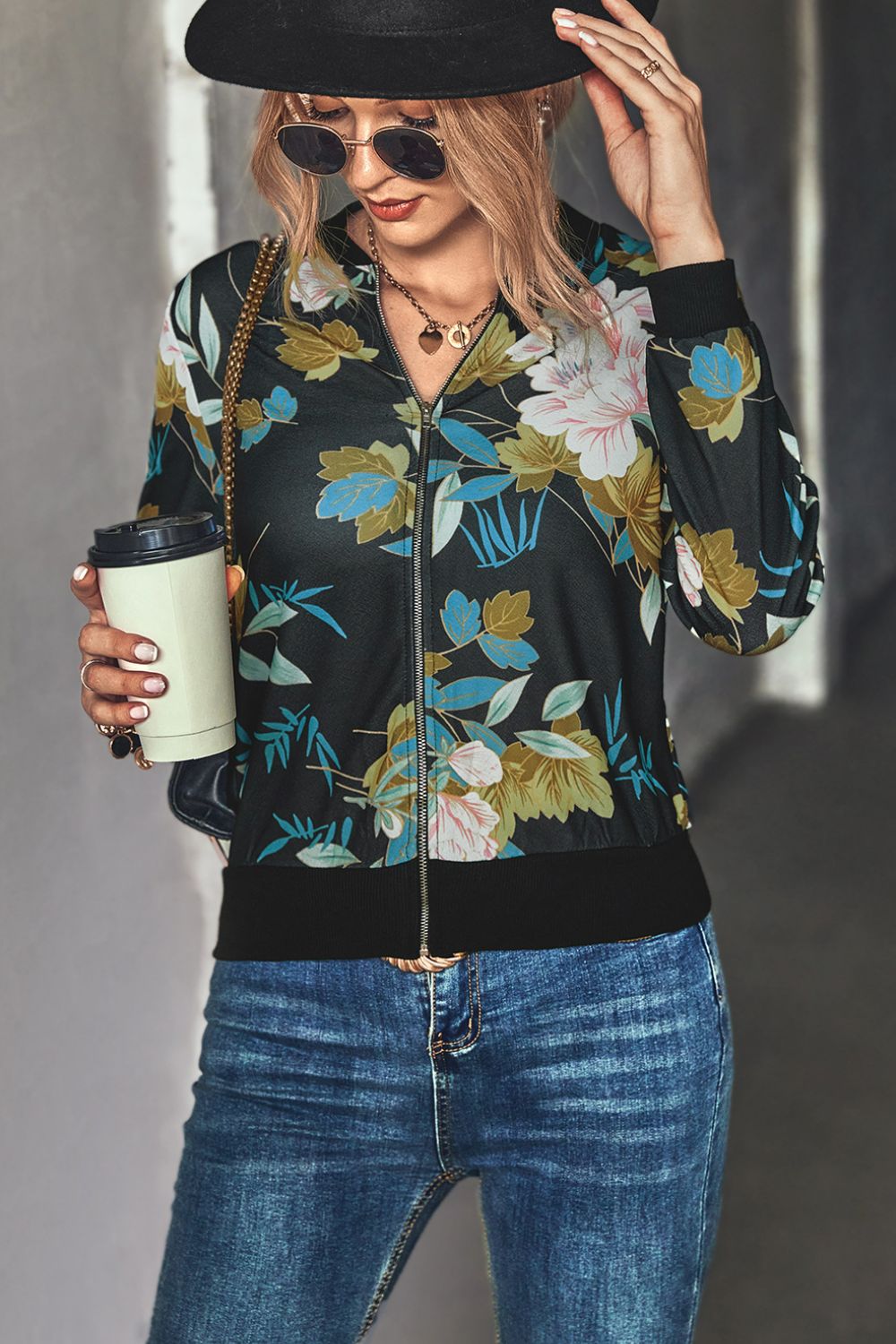 Floral Zip Up Ribbed Trim Bomber Jacket - SHIRLYN.CO