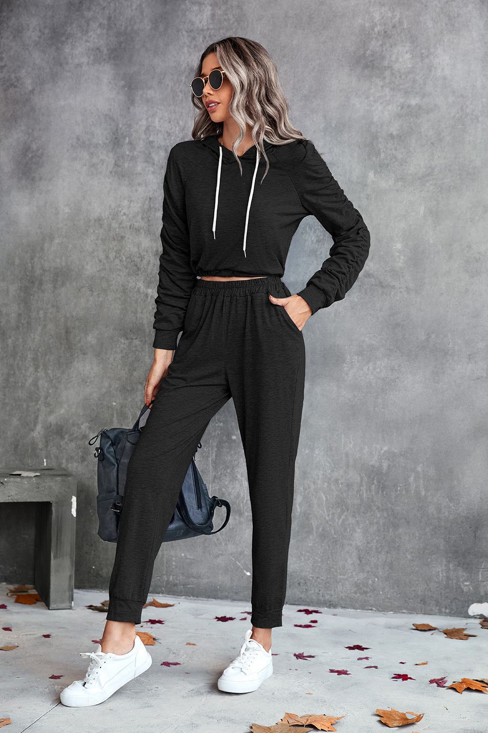 Ruched Raglan Sleeve Hoodie and Joggers Set - SHIRLYN.CO