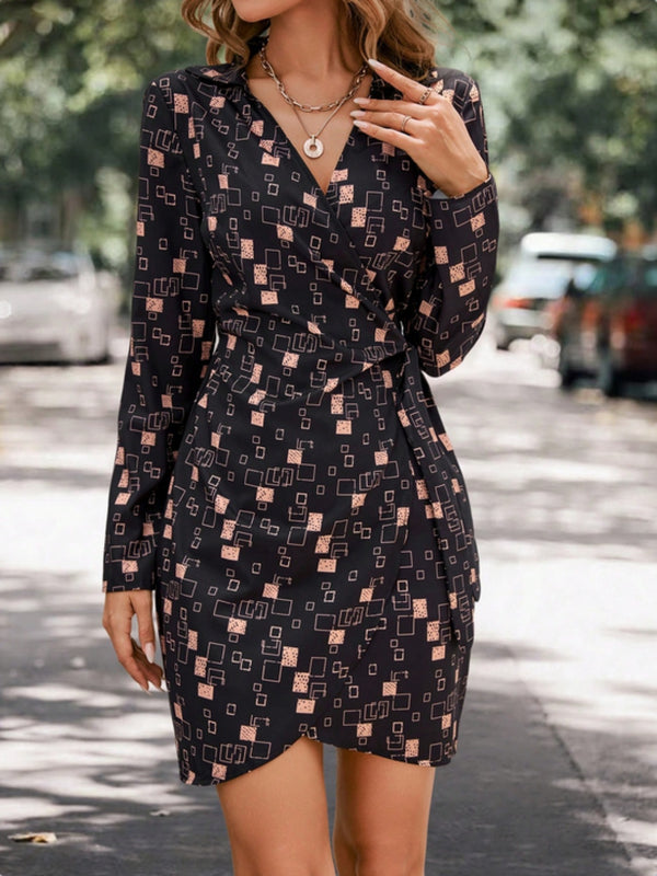 Geometric Surplice Long Sleeve Dress