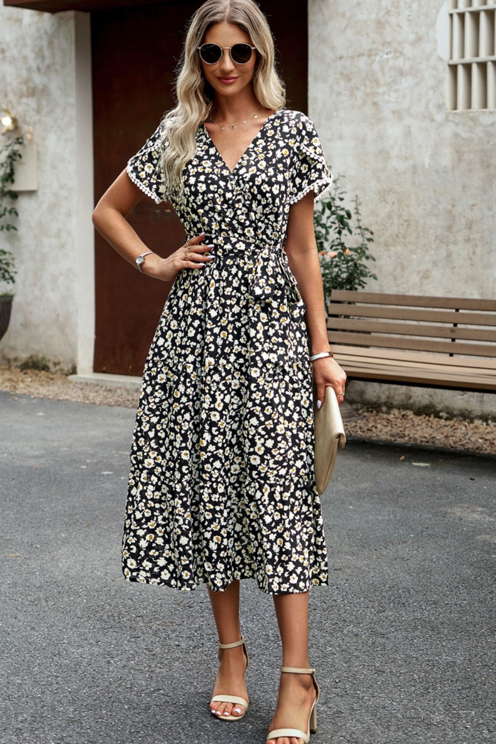 Floral Surplice Neck Tie Waist Slit Dress - SHIRLYN.CO