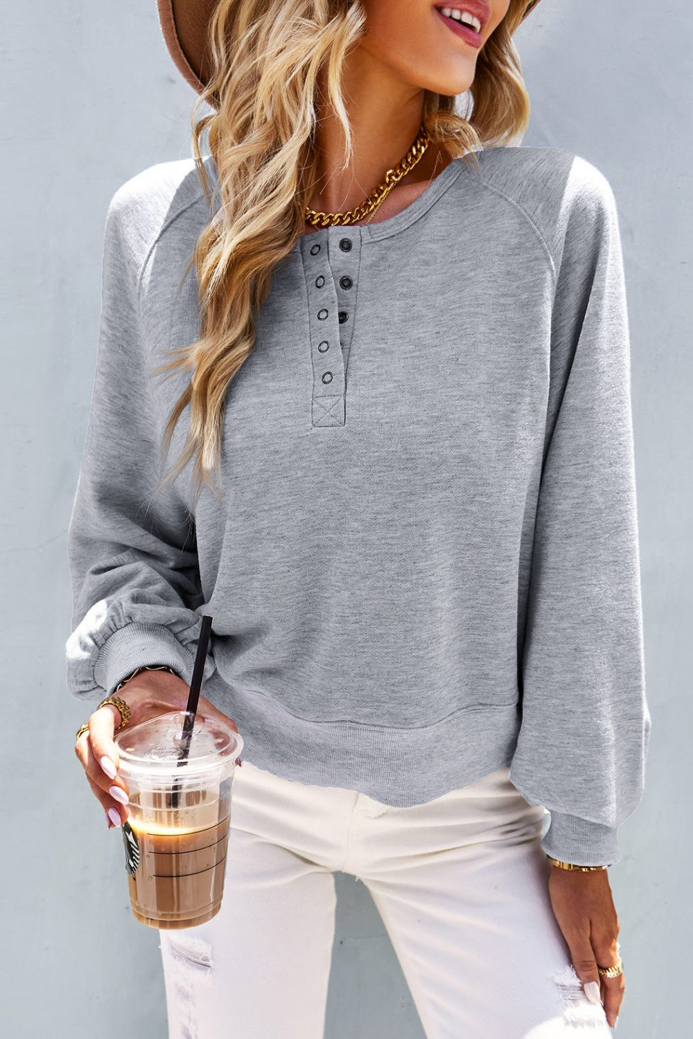 Balloon Sleeve Henley Sweatshirt - SHIRLYN.CO