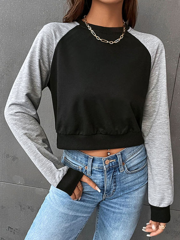 Two-Tone Raglan Sleeve Cropped Sweatshirt - SHIRLYN.CO