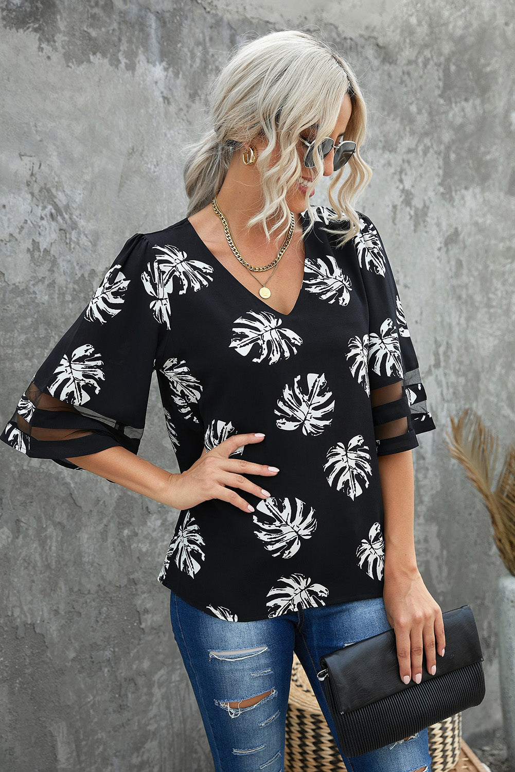 Botanical Print V-Neck Puff Sleeve Blouse - SHIRLYN.CO