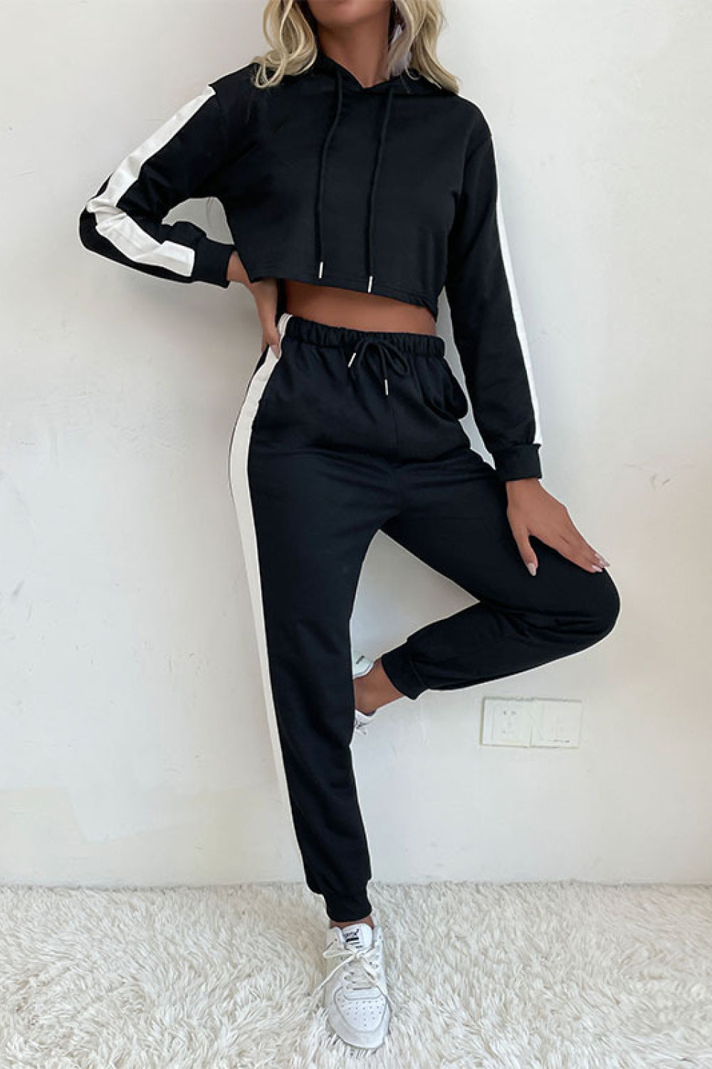 Side Stripe Cropped Hoodie and Jogger Set - SHIRLYN.CO