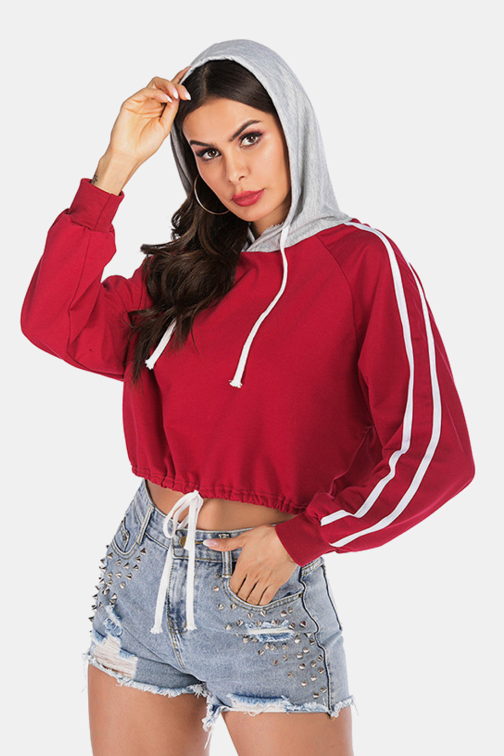 Full Size Side Stripe Drawstring Hem Cropped Hoodie - SHIRLYN.CO