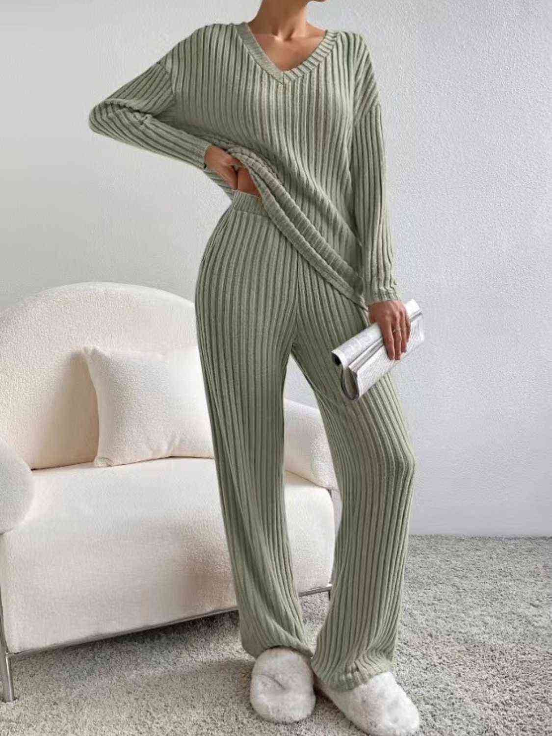 Ribbed V-Neck Long Sleeve Top and Pants Set