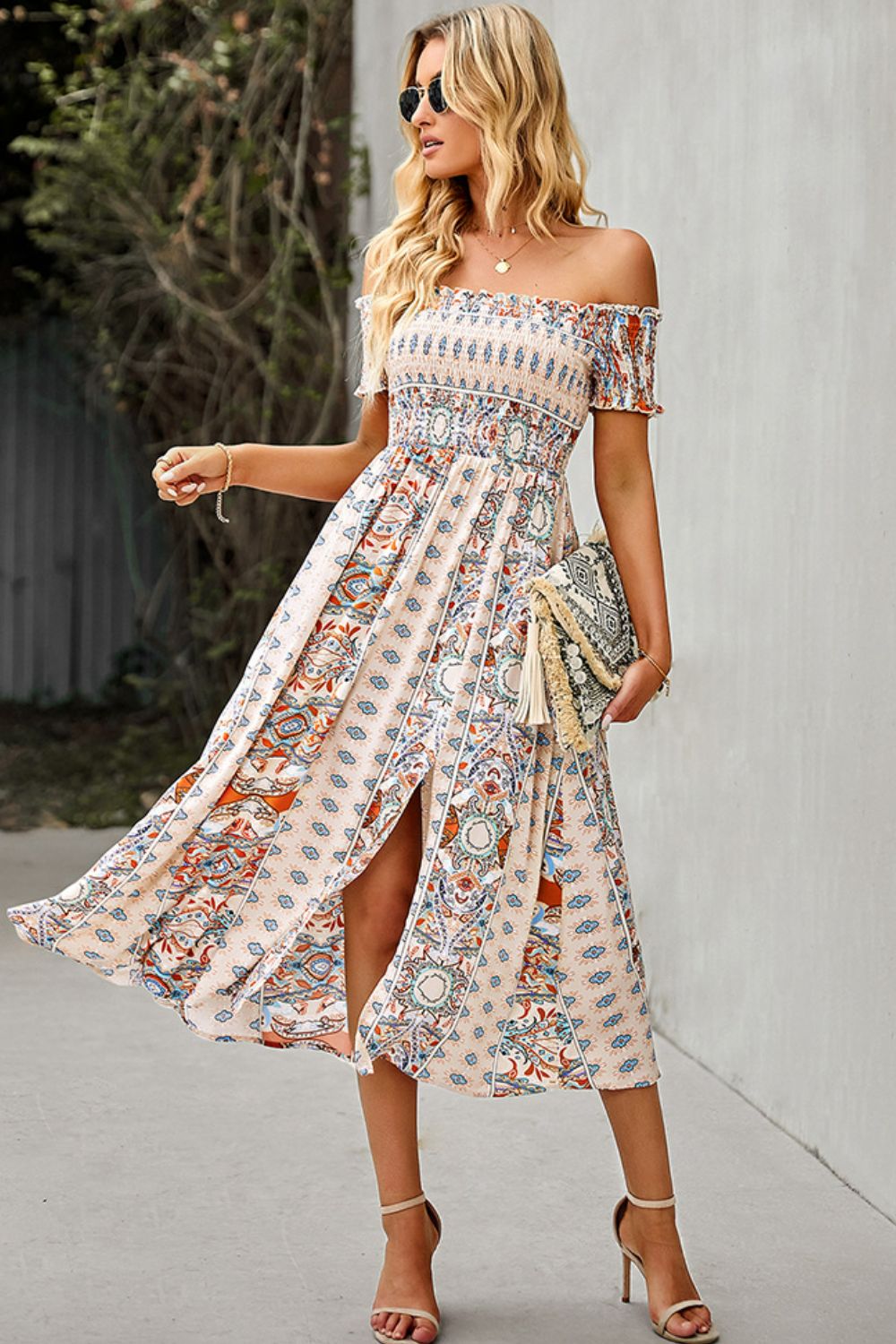 Bohemian Off-Shoulder Frill Trim Split Dress - SHIRLYN.CO