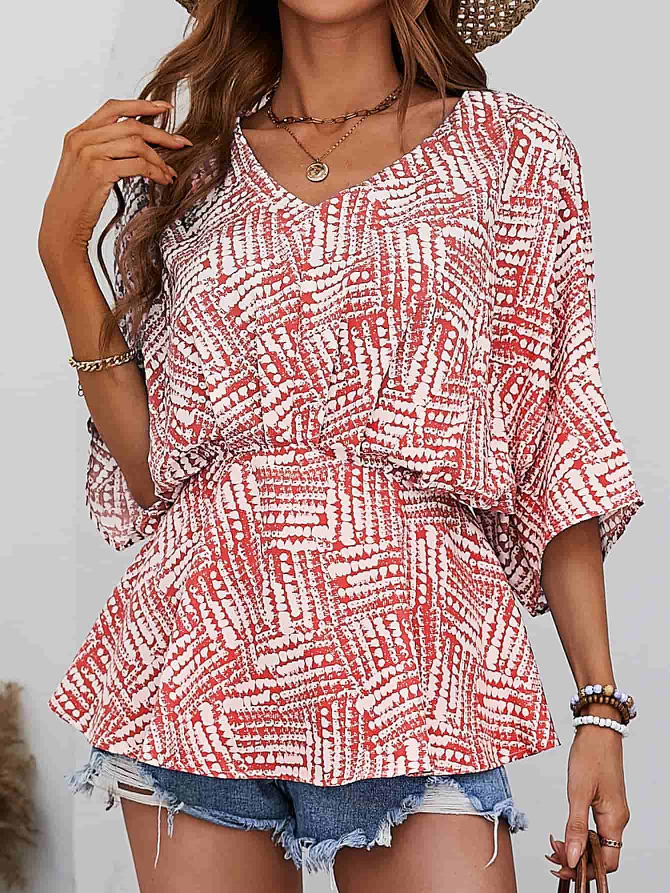 Printed V-Neck Dolman Sleeve Blouse - SHIRLYN.CO