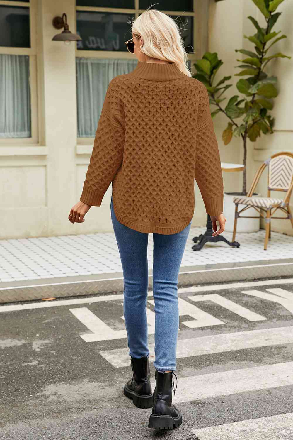 Slit Long Sleeve Mock Neck Sweater