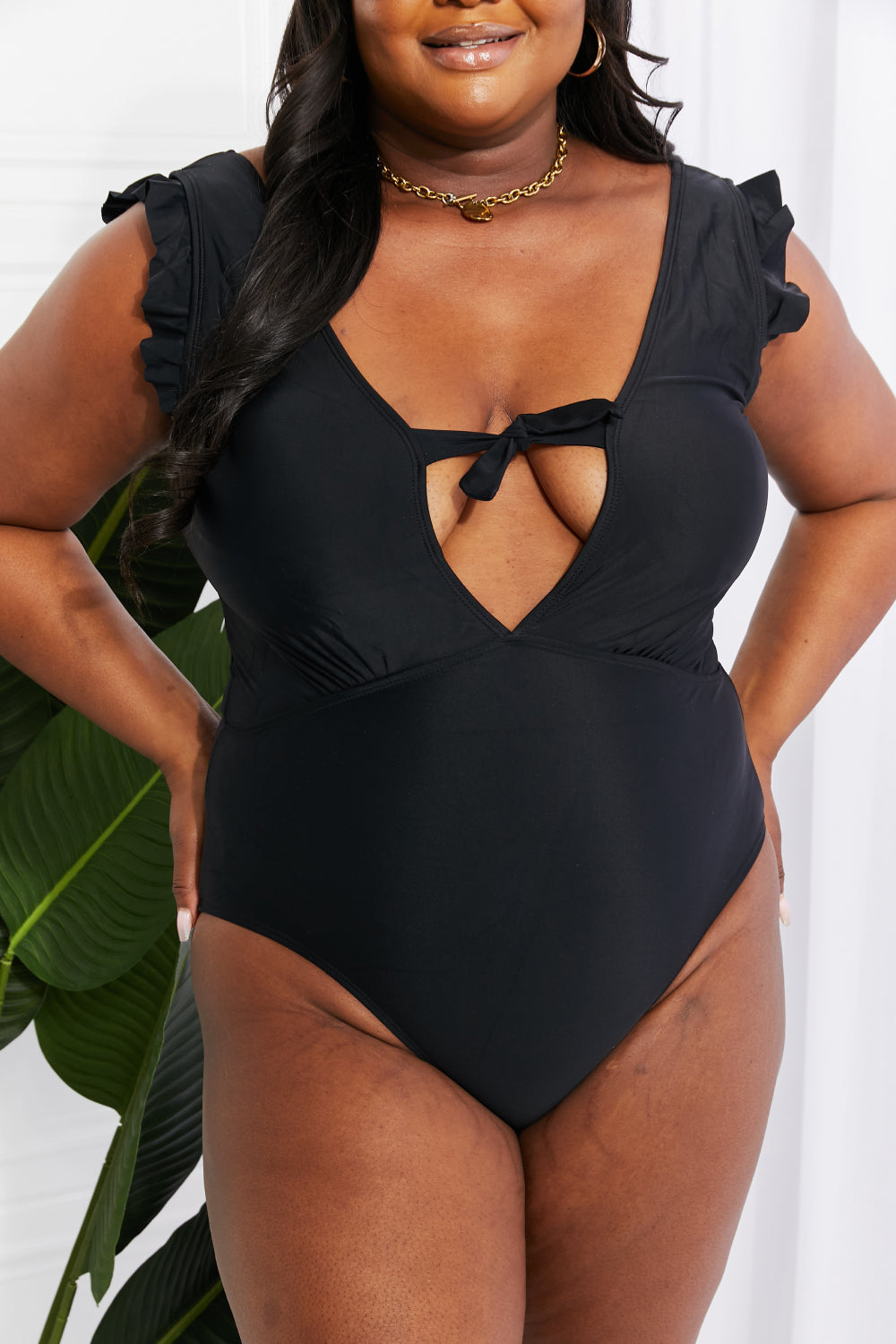 Marina West Swim Seashell Ruffle Sleeve One-Piece in Black - SHIRLYN.CO