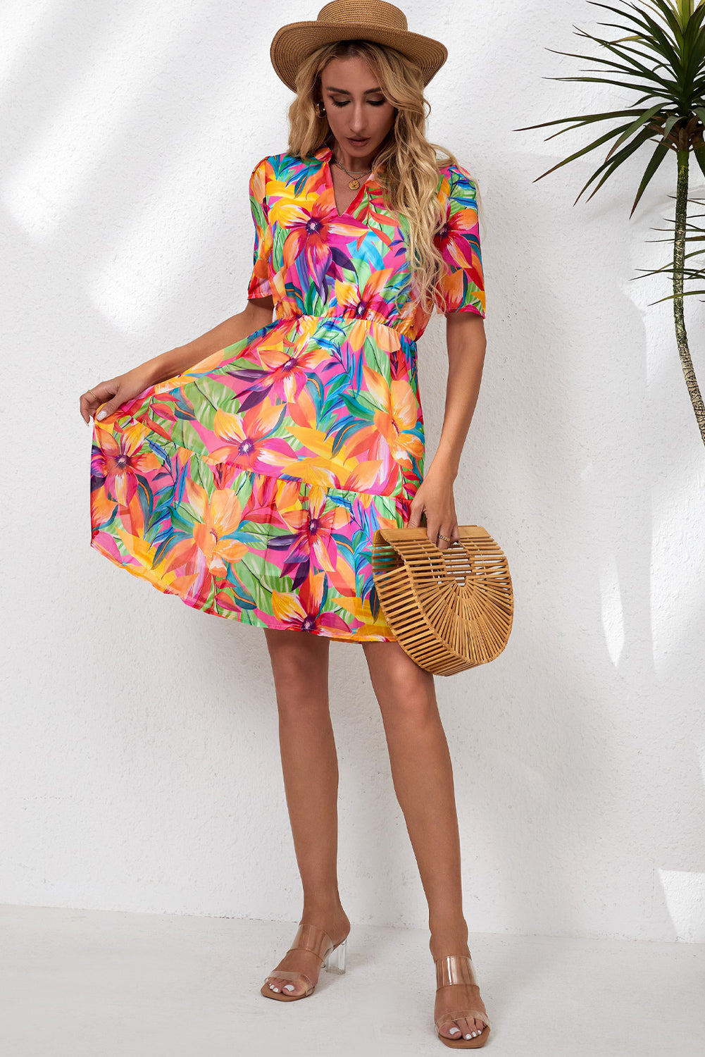 Floral Notched Neck Short Sleeve Dress - SHIRLYN.CO