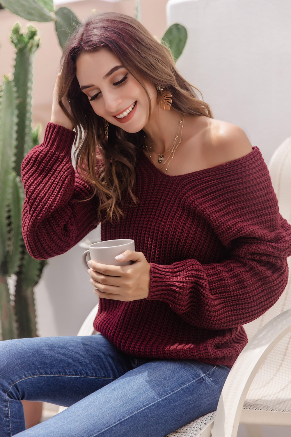 V-Neck Ribbed Knit Sweater