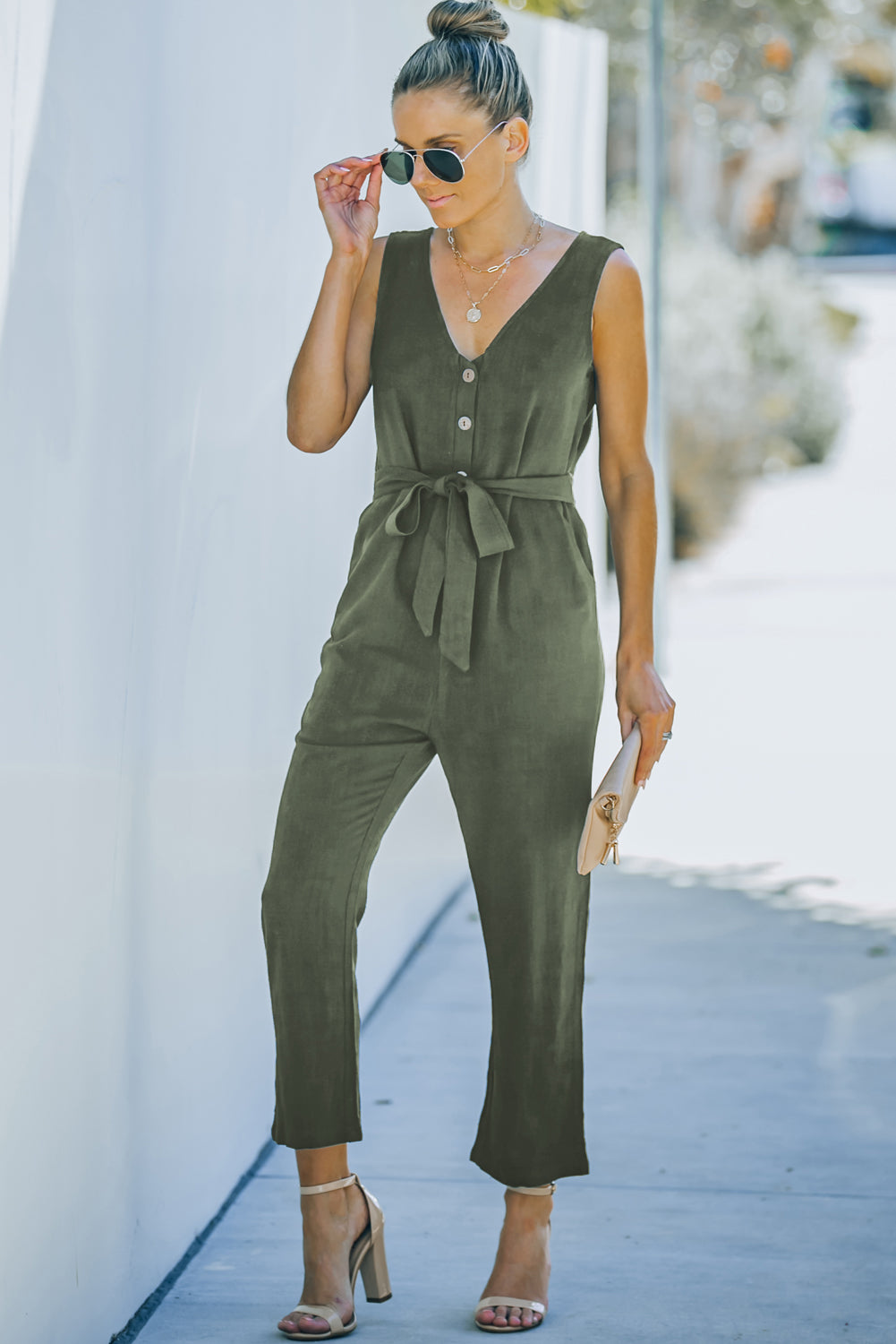 Belted V-Neck Sleeveless Jumpsuit with Pockets - SHIRLYN.CO