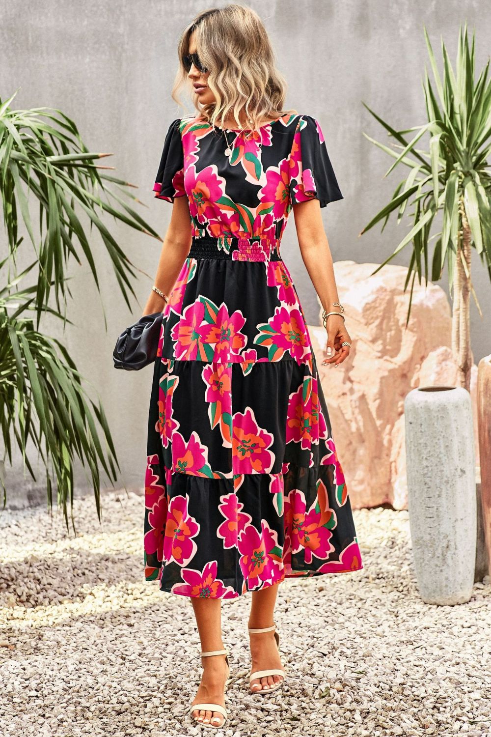 Floral Puff Sleeve Tiered Midi Dress - SHIRLYN.CO