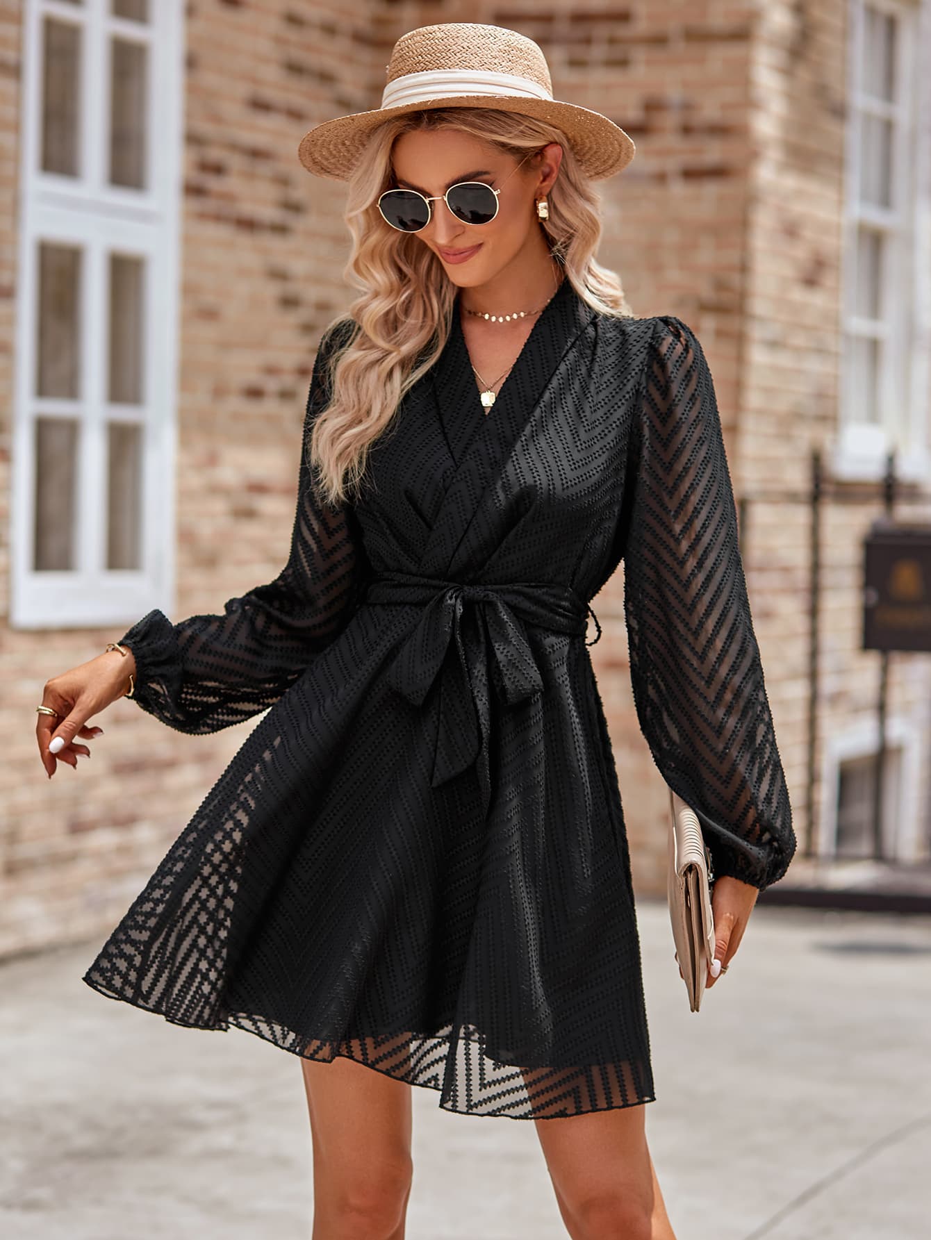 Belted Surplice Neck Long Sleeve Mini Dress - SHIRLYN.CO