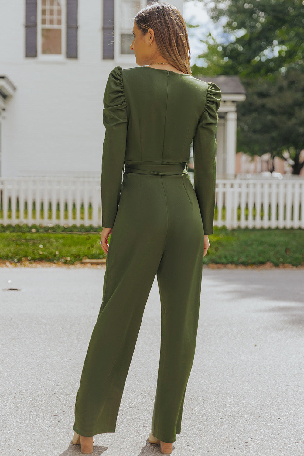 Belted Long Puff Sleeve V-Neck Jumpsuit - SHIRLYN.CO