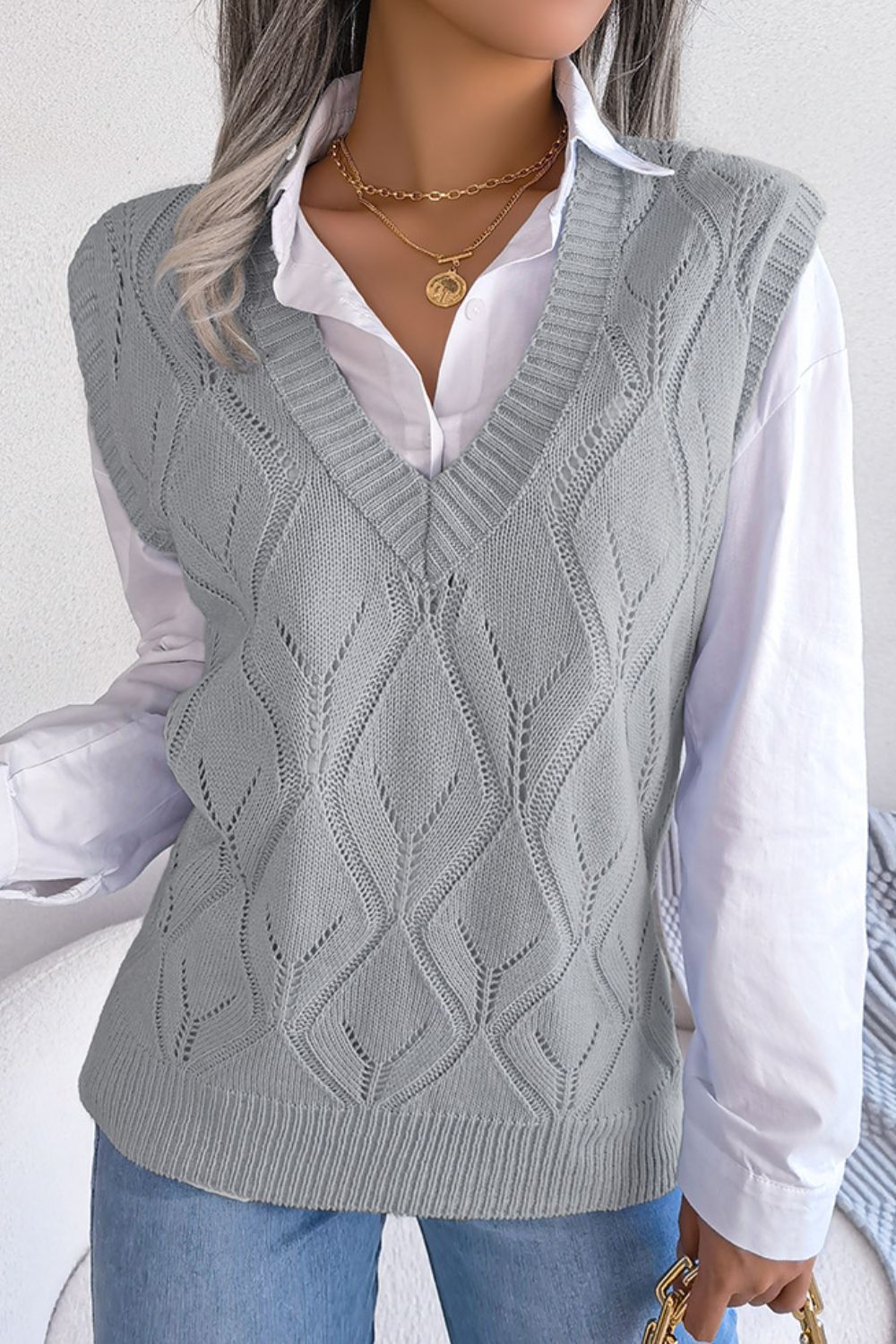 Openwork Ribbed Trim Sweater Vest - SHIRLYN.CO