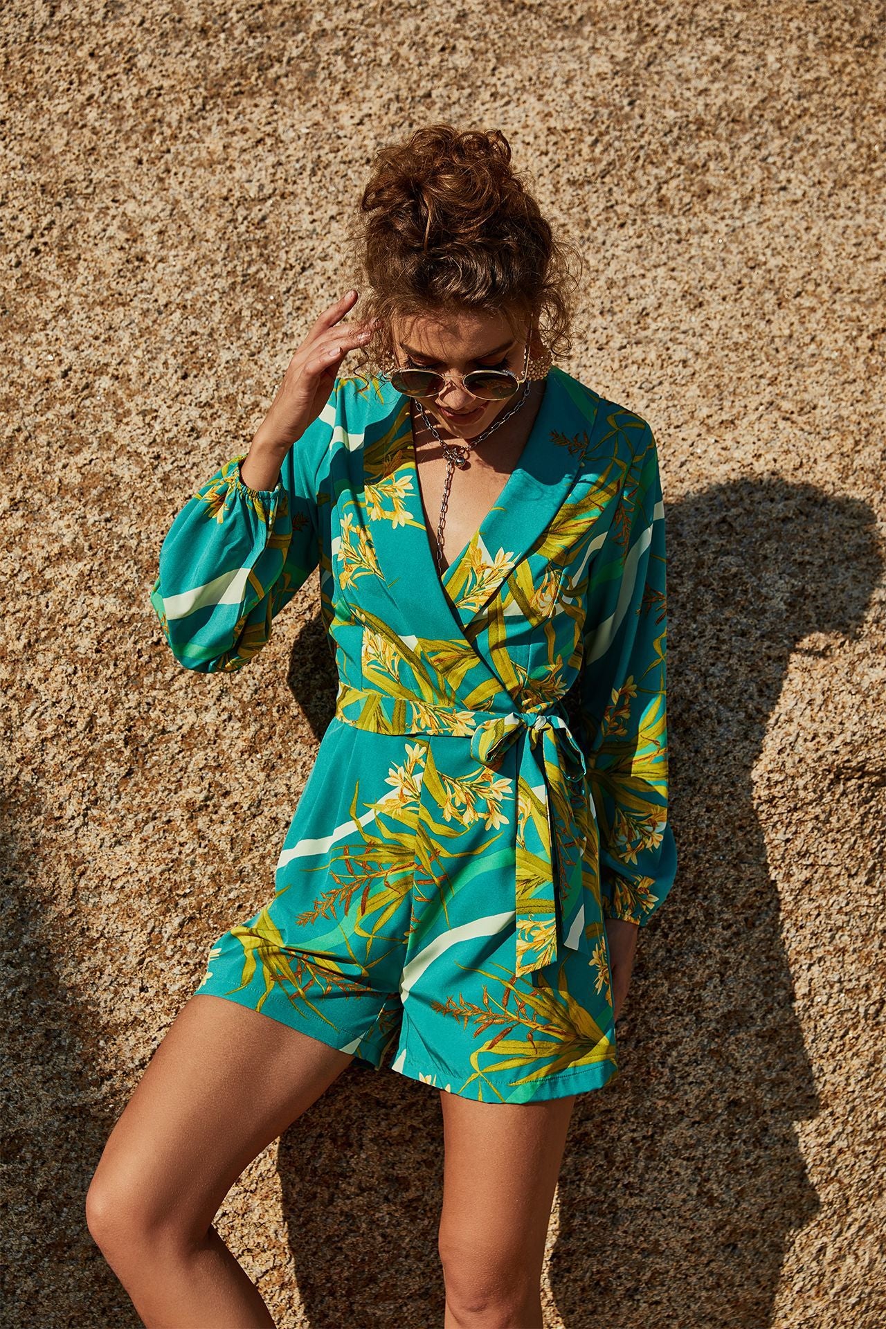 Botanical Print Long Sleeve Romper - SHIRLYN.CO