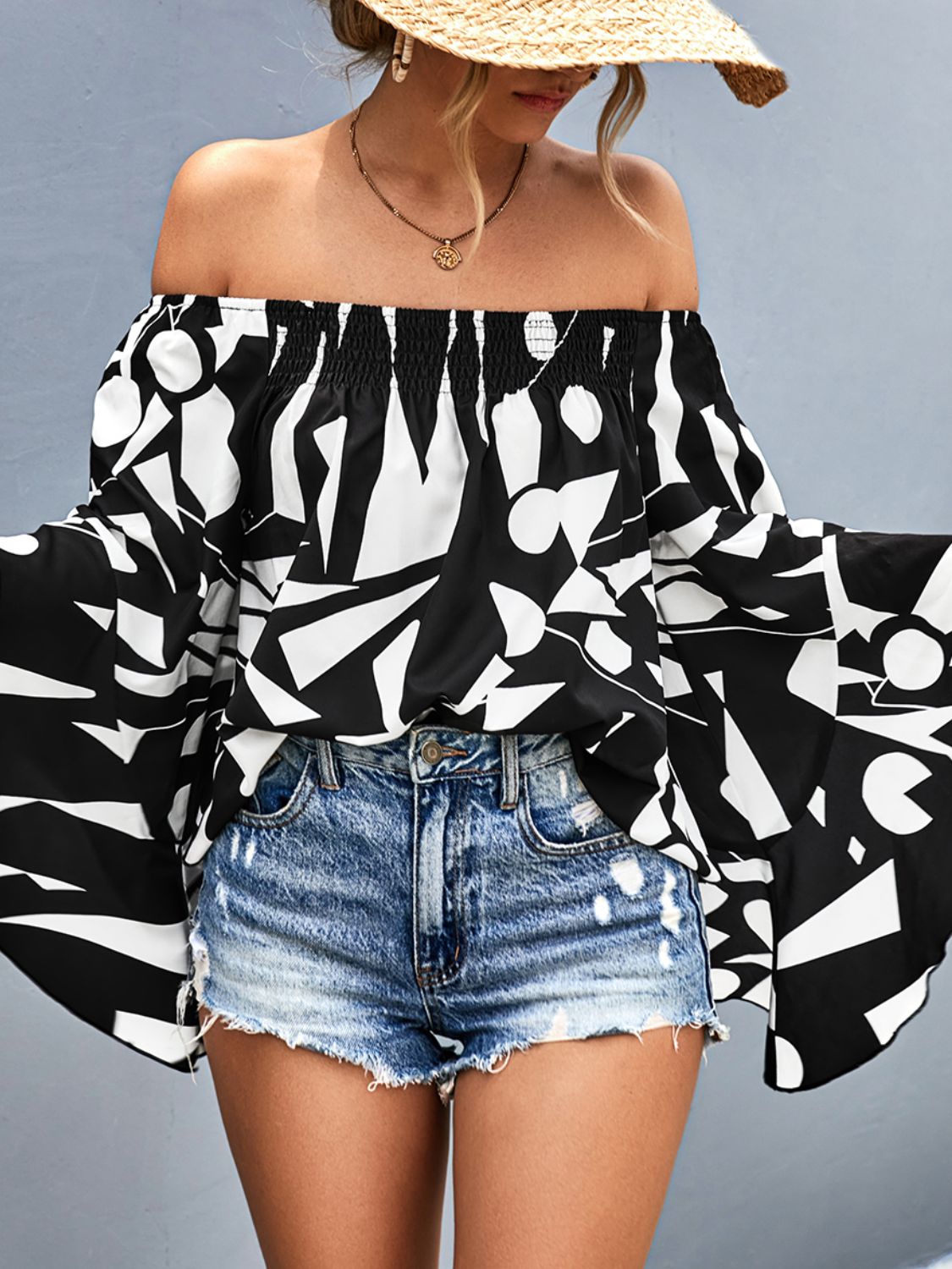 Printed Off-Shoulder Bell Sleeve Blouse - SHIRLYN.CO