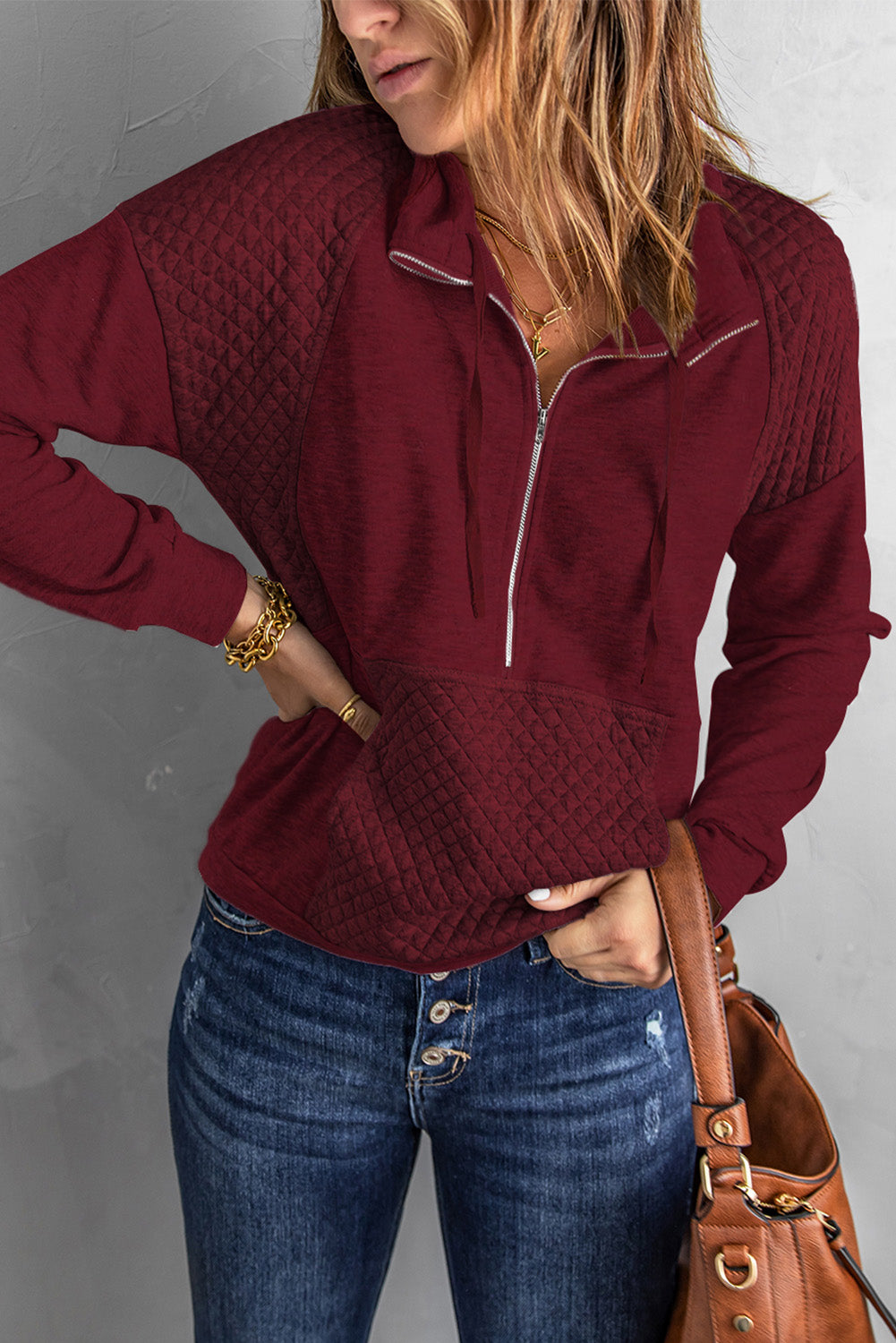 Quilted Half-Zip Sweatshirt with Pocket - SHIRLYN.CO