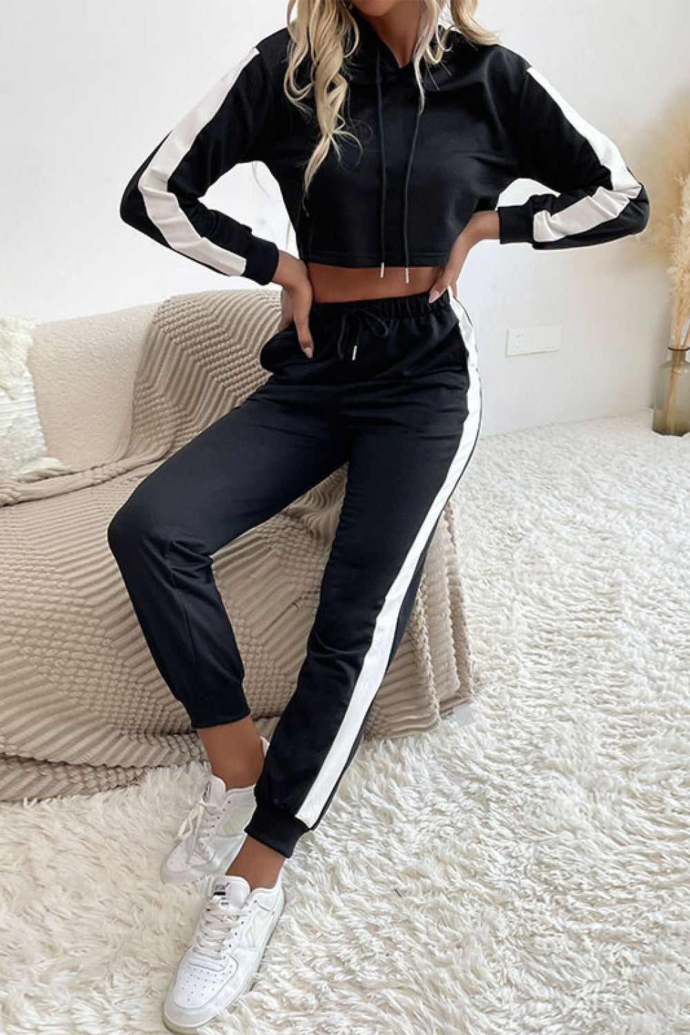 Side Stripe Cropped Hoodie and Jogger Set - SHIRLYN.CO