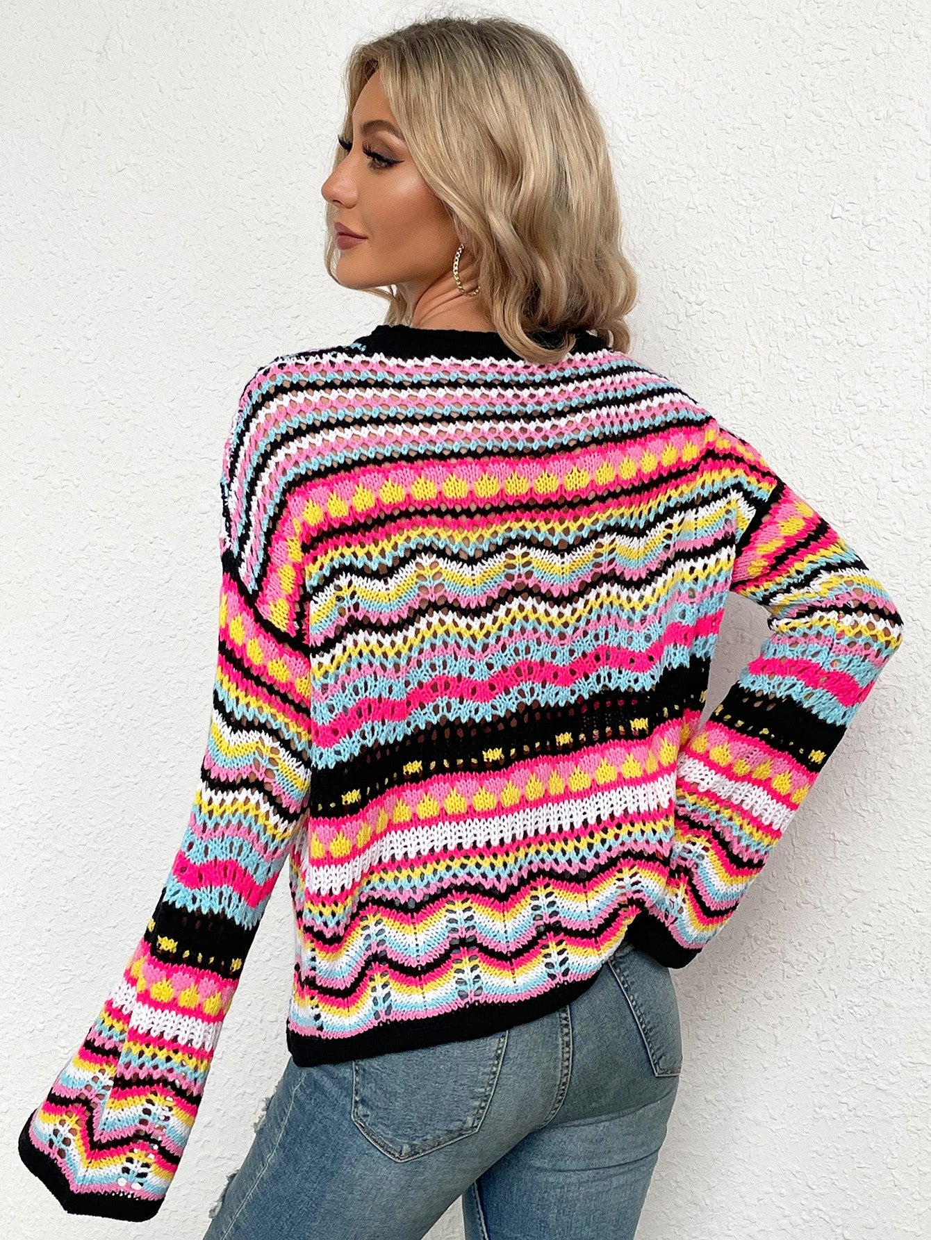 Rainbow Stripe Openwork Flare Sleeve Knit Top - SHIRLYN.CO