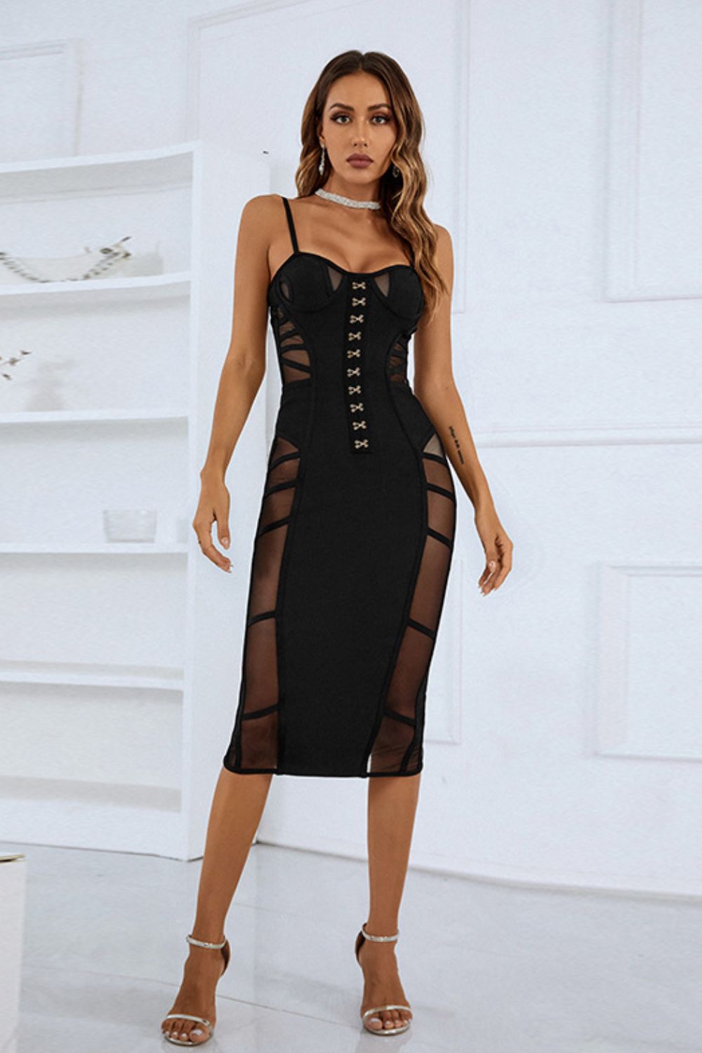 Spaghetti Strap Spliced Mesh Slit Back Dress - SHIRLYN.CO