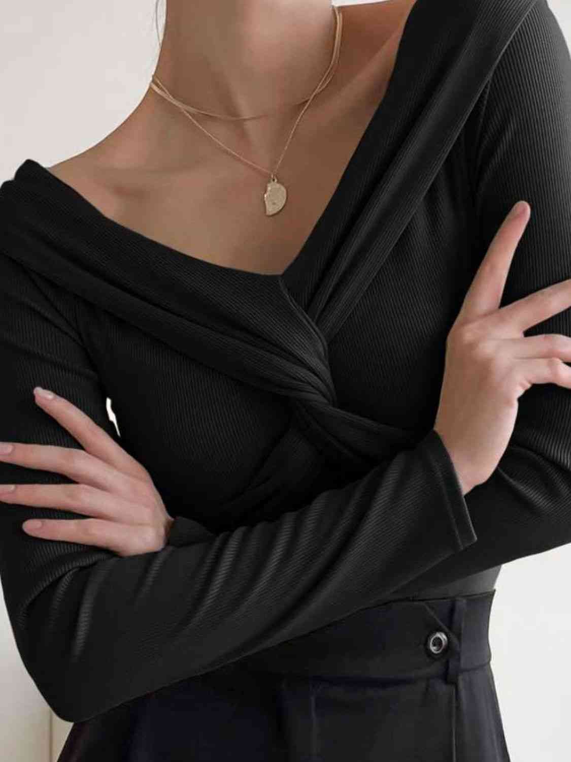 V-Neck Twisted Long Sleeve Knit Top