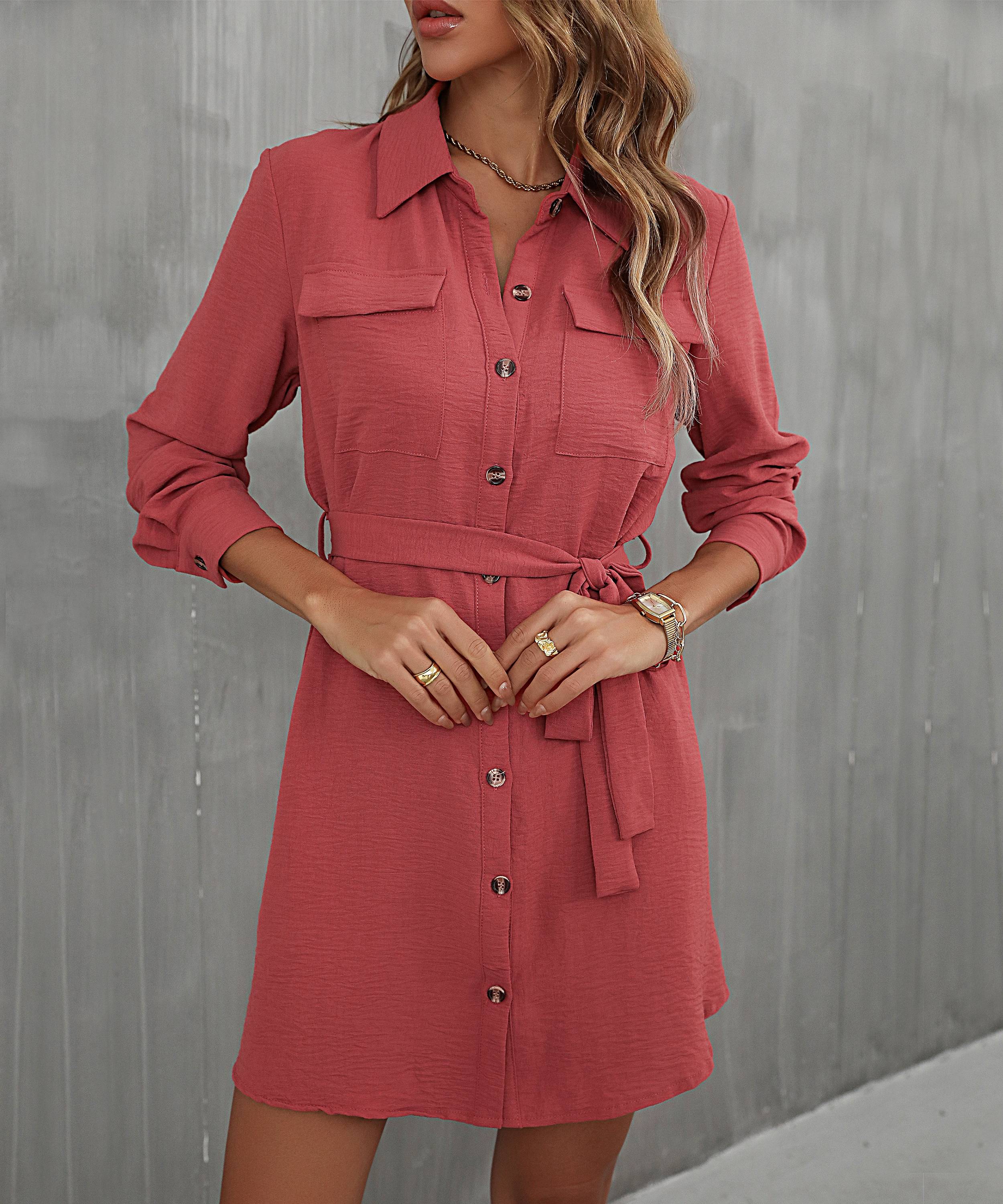 Button Down Belted Long Sleeve Shirt Dress - SHIRLYN.CO