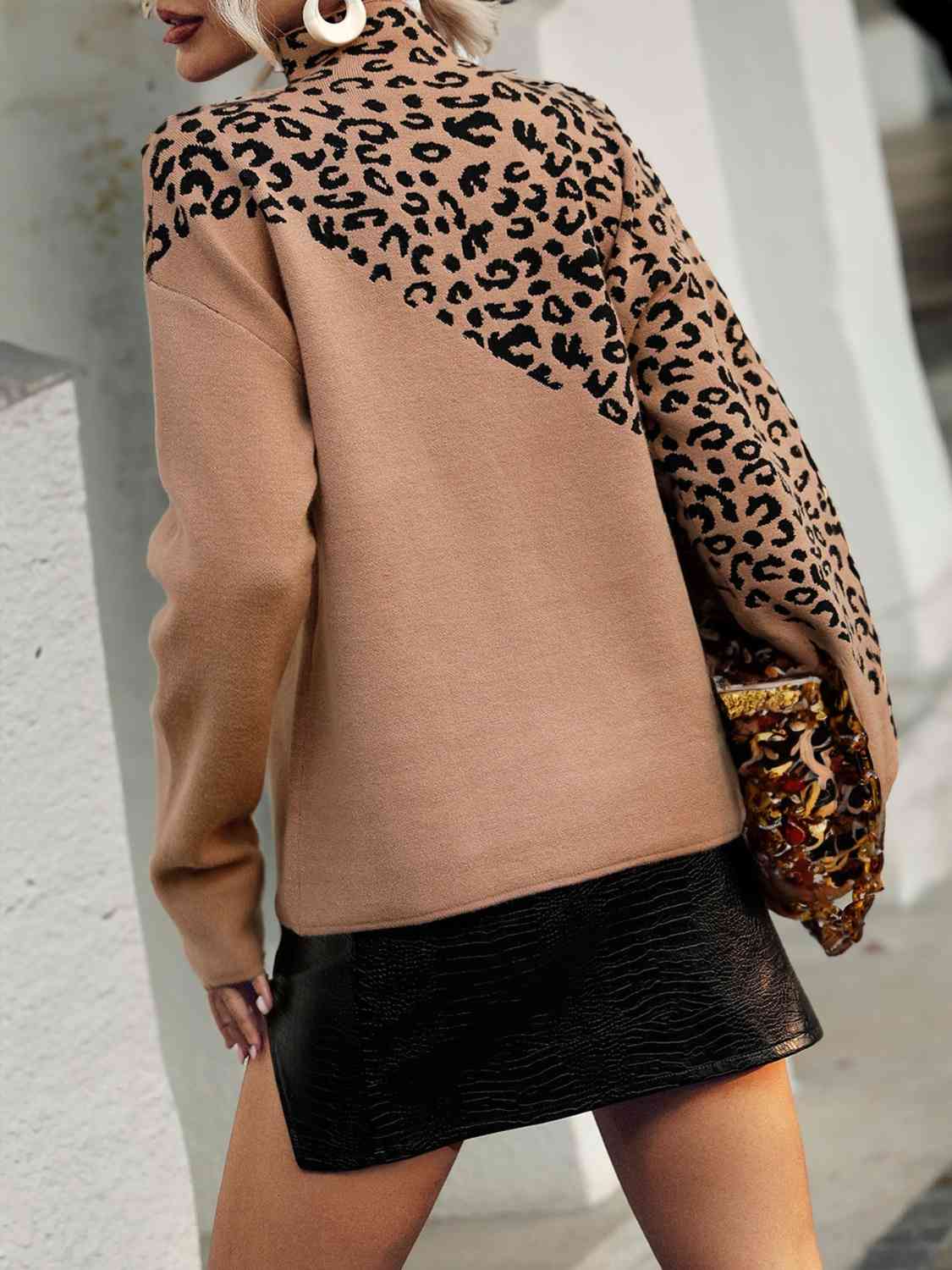 Leopard Mock Neck Dropped Shoulder Sweater